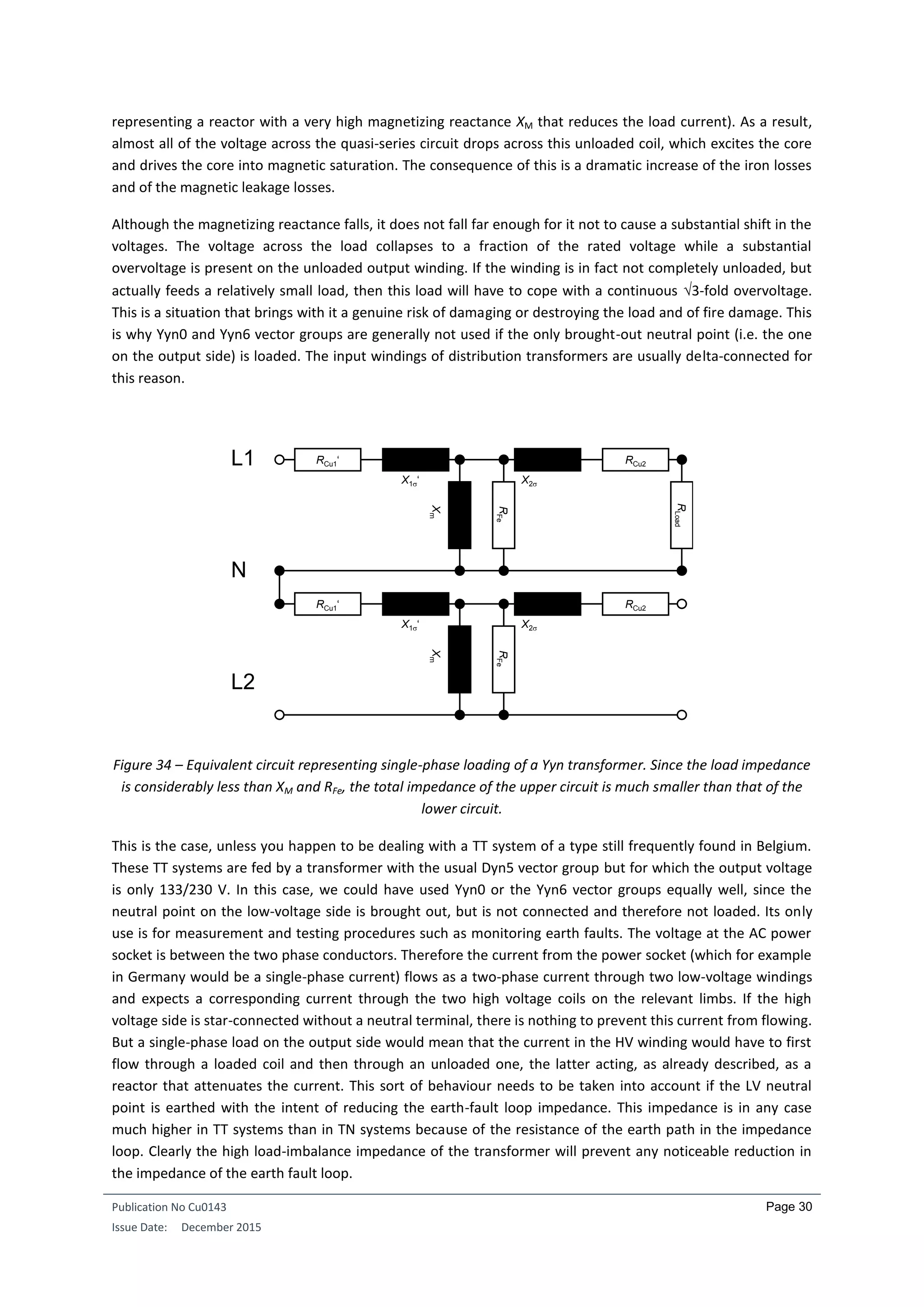 Publication No Cu0143
Issue Date: December 2015
Page 30
representing a reactor with a very high magnetizing reactance XM that reduces the load current). As a result,
almost all of the voltage across the quasi-series circuit drops across this unloaded coil, which excites the core
and drives the core into magnetic saturation. The consequence of this is a dramatic increase of the iron losses
and of the magnetic leakage losses.
Although the magnetizing reactance falls, it does not fall far enough for it not to cause a substantial shift in the
voltages. The voltage across the load collapses to a fraction of the rated voltage while a substantial
overvoltage is present on the unloaded output winding. If the winding is in fact not completely unloaded, but
actually feeds a relatively small load, then this load will have to cope with a continuous 3-fold overvoltage.
This is a situation that brings with it a genuine risk of damaging or destroying the load and of fire damage. This
is why Yyn0 and Yyn6 vector groups are generally not used if the only brought-out neutral point (i.e. the one
on the output side) is loaded. The input windings of distribution transformers are usually delta-connected for
this reason.
Figure 34 – Equivalent circuit representing single-phase loading of a Yyn transformer. Since the load impedance
is considerably less than XM and RFe, the total impedance of the upper circuit is much smaller than that of the
lower circuit.
This is the case, unless you happen to be dealing with a TT system of a type still frequently found in Belgium.
These TT systems are fed by a transformer with the usual Dyn5 vector group but for which the output voltage
is only 133/230 V. In this case, we could have used Yyn0 or the Yyn6 vector groups equally well, since the
neutral point on the low-voltage side is brought out, but is not connected and therefore not loaded. Its only
use is for measurement and testing procedures such as monitoring earth faults. The voltage at the AC power
socket is between the two phase conductors. Therefore the current from the power socket (which for example
in Germany would be a single-phase current) flows as a two-phase current through two low-voltage windings
and expects a corresponding current through the two high voltage coils on the relevant limbs. If the high
voltage side is star-connected without a neutral terminal, there is nothing to prevent this current from flowing.
But a single-phase load on the output side would mean that the current in the HV winding would have to first
flow through a loaded coil and then through an unloaded one, the latter acting, as already described, as a
reactor that attenuates the current. This sort of behaviour needs to be taken into account if the LV neutral
point is earthed with the intent of reducing the earth-fault loop impedance. This impedance is in any case
much higher in TT systems than in TN systems because of the resistance of the earth path in the impedance
loop. Clearly the high load-imbalance impedance of the transformer will prevent any noticeable reduction in
the impedance of the earth fault loop.
RLoad
RFe
X1‘ X2
Xm
RCu1‘ RCu2
RFe
X1‘ X2
Xm
RCu1‘ RCu2
L1
N
L2
 