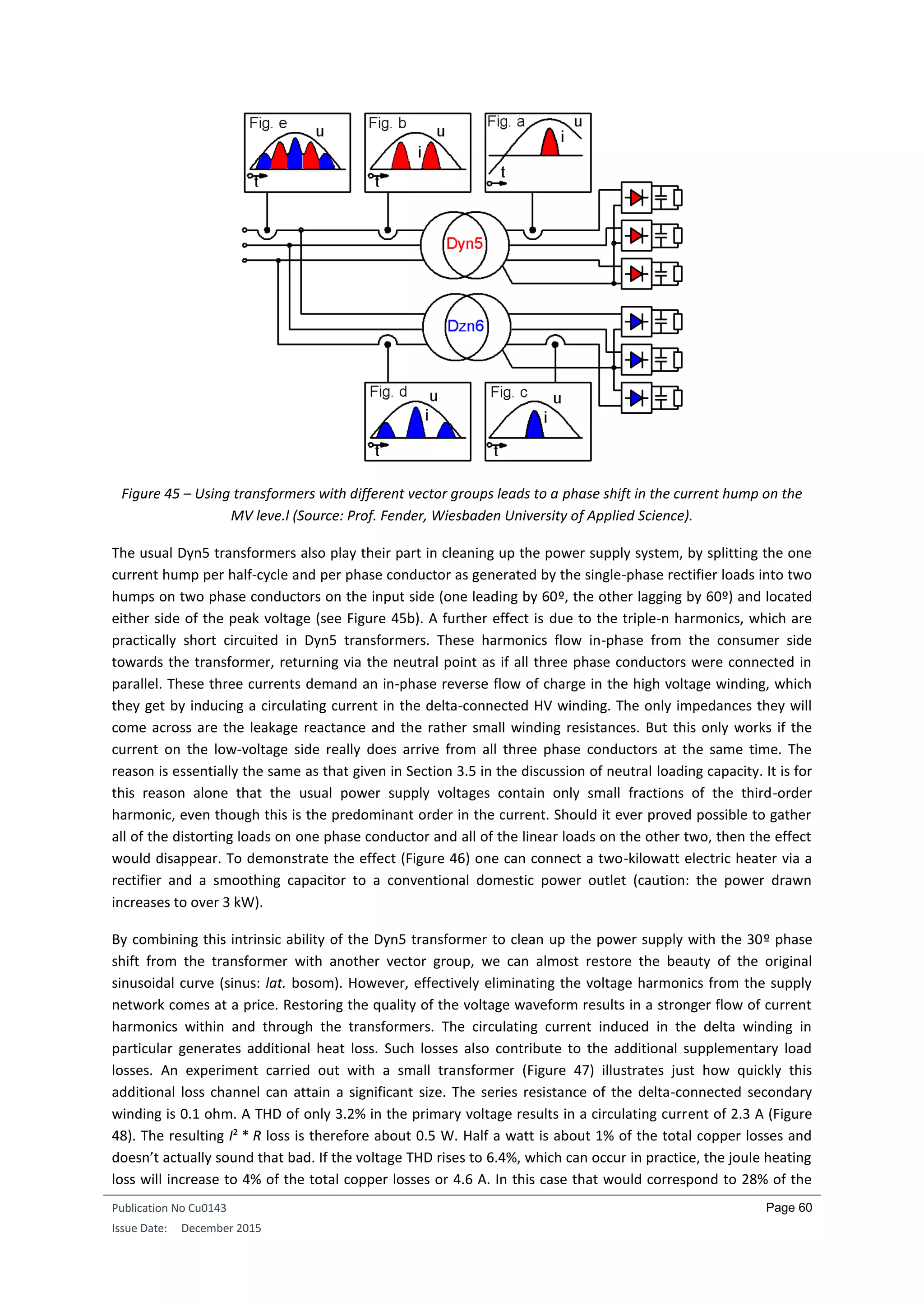Publication No Cu0143
Issue Date: December 2015
Page 60
Figure 45 – Using transformers with different vector groups leads to a phase shift in the current hump on the
MV leve.l (Source: Prof. Fender, Wiesbaden University of Applied Science).
The usual Dyn5 transformers also play their part in cleaning up the power supply system, by splitting the one
current hump per half-cycle and per phase conductor as generated by the single-phase rectifier loads into two
humps on two phase conductors on the input side (one leading by 60º, the other lagging by 60º) and located
either side of the peak voltage (see Figure 45b). A further effect is due to the triple-n harmonics, which are
practically short circuited in Dyn5 transformers. These harmonics flow in-phase from the consumer side
towards the transformer, returning via the neutral point as if all three phase conductors were connected in
parallel. These three currents demand an in-phase reverse flow of charge in the high voltage winding, which
they get by inducing a circulating current in the delta-connected HV winding. The only impedances they will
come across are the leakage reactance and the rather small winding resistances. But this only works if the
current on the low-voltage side really does arrive from all three phase conductors at the same time. The
reason is essentially the same as that given in Section 3.5 in the discussion of neutral loading capacity. It is for
this reason alone that the usual power supply voltages contain only small fractions of the third-order
harmonic, even though this is the predominant order in the current. Should it ever proved possible to gather
all of the distorting loads on one phase conductor and all of the linear loads on the other two, then the effect
would disappear. To demonstrate the effect (Figure 46) one can connect a two-kilowatt electric heater via a
rectifier and a smoothing capacitor to a conventional domestic power outlet (caution: the power drawn
increases to over 3 kW).
By combining this intrinsic ability of the Dyn5 transformer to clean up the power supply with the 30º phase
shift from the transformer with another vector group, we can almost restore the beauty of the original
sinusoidal curve (sinus: lat. bosom). However, effectively eliminating the voltage harmonics from the supply
network comes at a price. Restoring the quality of the voltage waveform results in a stronger flow of current
harmonics within and through the transformers. The circulating current induced in the delta winding in
particular generates additional heat loss. Such losses also contribute to the additional supplementary load
losses. An experiment carried out with a small transformer (Figure 47) illustrates just how quickly this
additional loss channel can attain a significant size. The series resistance of the delta-connected secondary
winding is 0.1 ohm. A THD of only 3.2% in the primary voltage results in a circulating current of 2.3 A (Figure
48). The resulting I² * R loss is therefore about 0.5 W. Half a watt is about 1% of the total copper losses and
doesn’t actually sound that bad. If the voltage THD rises to 6.4%, which can occur in practice, the joule heating
loss will increase to 4% of the total copper losses or 4.6 A. In this case that would correspond to 28% of the
 