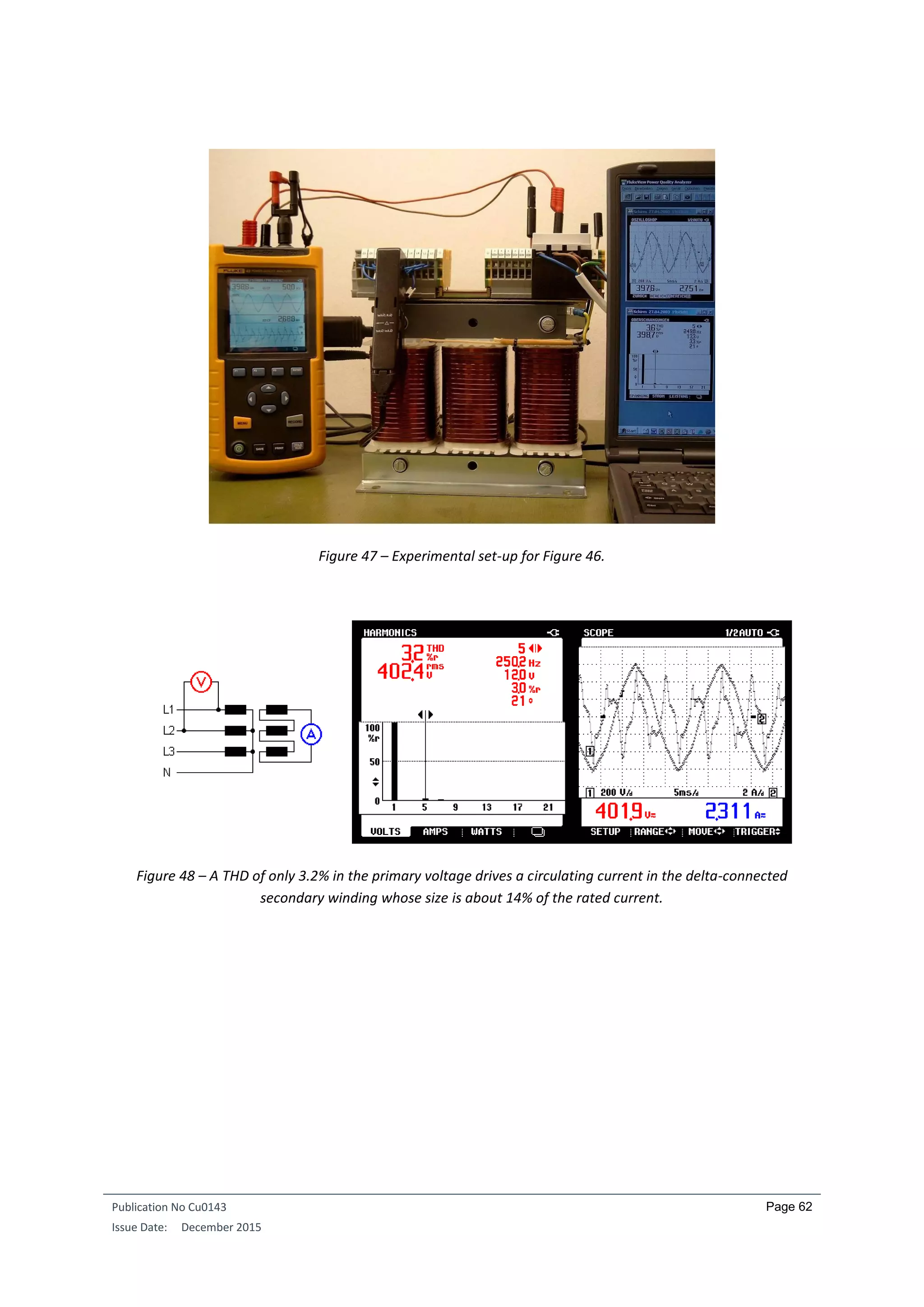Publication No Cu0143
Issue Date: December 2015
Page 62
Figure 47 – Experimental set-up for Figure 46.
Figure 48 – A THD of only 3.2% in the primary voltage drives a circulating current in the delta-connected
secondary winding whose size is about 14% of the rated current.
 