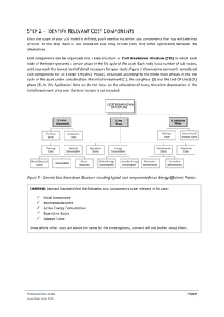 Publication No Cu0146
Issue Date: June 2015
Page 6
STEP 2 – IDENTIFY RELEVANT COST COMPONENTS
Once the scope of your LCC model is defined, you’ll need to list all the cost components that you will take into
account. In this step there is one important rule: only include costs that differ significantly between the
alternatives.
Cost components can be organized into a tree structure or Cost Breakdown Structure (CBS) in which each
node of the tree represents a certain phase in the life cycle of the asset. Each node has a number of sub-nodes,
until you reach the lowest level of detail necessary for your study. Figure 2 shows some commonly considered
cost components for an Energy Efficiency Project, organized according to the three main phases in the life
cycle of the asset under consideration: the initial investment (1), the use phase (2) and the End-Of-Life (EOL)
phase (3). In this Application Note we do not focus on the calculation of taxes, therefore depreciation of the
initial investment price over the time horizon is not included.
Figure 2 – Generic Cost Breakdown Structure including typical cost components for an Energy Efficiency Project.
EXAMPLE: Leonard has identified the following cost components to be relevant in his case:
 Initial Investment
 Maintenance Costs
 Active Energy Consumption
 Downtime Costs
 Salvage Value
Since all the other costs are about the same for the three options, Leonard will not bother about them.
 