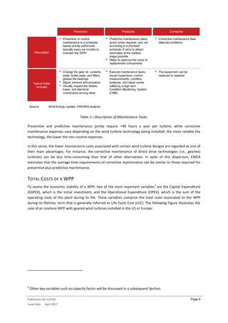 Publication No Cu0191
Issue Date: April 2017
Page 8
Table 1—Description of Maintenance Tasks.
Preventive and predictive maintenance jointly require ~40 hours a year per turbine, while corrective
maintenance expenses vary depending on the wind turbine technology being installed: the more reliable the
technology, the lower the non-routine expenses.
In this sense, the lower maintenance costs associated with certain wind turbine designs are regarded as one of
their main advantages. For instance, the corrective maintenance of direct drive technologies (i.e., gearless
turbines) can be less time-consuming than that of other alternatives. In spite of this dispersion, EWEA
estimates that the average time requirements of corrective maintenance can be similar to those required for
preventive plus predictive maintenance.
TOTAL COSTS OF A WPP
To assess the economic viability of a WPP, two of the most important variables
5
are the Capital Expenditure
(CAPEX), which is the initial investment, and the Operational Expenditure (OPEX), which is the sum of the
operating costs of the plant during its life. These variables comprise the total costs associated to the WPP
during its lifetime, term that is generally referred as Life Cycle Cost (LCC). The following Figure illustrates the
case of an onshore WPP with geared wind turbines installed in the US or Europe:
5
Other key variables such as capacity factor will be discussed in a subsequent Section.
Description
Typical tasks
included
Source: Wind Energy Update; CREARA analysis
Preventive
• Change the gear oil, coolants,
seals, brake pads, and filters;
grease the bearings
• Adjust sensors and actuators
• Visually inspect the blades,
tower, and electrical
connections among other
• Preventive or routine
maintenance is a schedule-
based activity performed
typically every six months to
maintain the WPP
Predictive
• Predictive maintenance takes
action when required, and not
according to a pre-fixed
schedule. It aims to detect
anomalies at the earliest
stage possible
• Helps to optimize the stock of
replacement components
• Execute maintenance tasks,
visual inspections, control
measurements, condition
analyses, and repair works
called by a high tech
Condition Monitoring System
(CMS)
Corrective
• Corrective maintenance fixes
detected problems
• The equipment can be
replaced or repaired
 