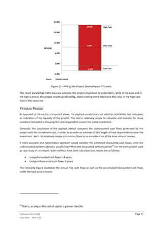 Publication No Cu0191
Issue Date: April 2017
Page 17
Figure 12—NPV of the Project Depending on FiT Levels.
This result shows that in the low case scenario, the project should not be undertaken, while in the base and in
the high scenario, the project reaches profitability, albeit creating more than twice the value in the high case
than in the base case.
PAYBACK PERIOD
As opposed to the metrics computed above, the payback period does not address profitability but only gives
an indication of the liquidity of the project. This tool is relatively simple to calculate and intuitive for those
investors interested in knowing the time required to recover the initial investment.
Generally, the calculation of the payback period compares the undiscounted cash flows generated by the
project with the investment cost, in order to provide an estimate of the length of time required to recover the
investment. With this relatively simple calculation, there is no consideration of the time value of money.
A more accurate and conservative approach would consider the estimated discounted cash flows, since the
undiscounted payback period is usually lower than the discounted payback period
20
.For the wind project used
as case study in this report, both methods have been calculated and results are as follows:
 Using discounted cash flows: 14 years.
 Using undiscounted cash flows: 9 years.
The Following Figure illustrates the annual free cash flows as well as the accumulated discounted cash flows
under the base case scenario:
20
That is, as long as the cost of capital is greater than 0%.
-2.223
19.638
-4.000
1.000
6.000
11.000
16.000
21.000
8,707
High Case
Base Case
Low Case
NPV(k€)
Source: CREARA analysis
 