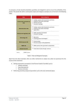 Publication No Cu0191
Issue Date: April 2017
Page 22
In conclusion, all risks should be identified, quantified, and mitigated to seek to ensure the profitability of the
project. The overall risks within a wind power project and mitigation examples are summarized in the following
Table:
Table 5—Risk and Mitigation Examples.
Apart from the above examples, there are other mechanisms to reduce risk, which are paramount for the
success of the investment:
 Setting conservative assumptions in the financial model of variables such as:
o Inflation estimates
o Operating expenses
o Revenue estimates
 Performing sensitivity analysis of parameters such as the ones mentioned above.
Risks Main mitigation
• Turnkey contract with closed price and terms
• Viability of the project developer
• Delivery warranty
• Insurance coverage
• Turnkey contract with closed price and terms
• Viability of the project developer
• Legal advice
• Stable regulatory framework
• Insurance coverage
Source: CREARA analysis
Construction and start-up
risks
Administrative risks
Political and regulatory risk
Technology risk • Warranties
• Installing proven technologies
Wind resource risk
• Historical data
• Resource analysis with probabilities
O&M risk • O&M contract with guarantees and penalties
Interest rate risk • Fixed interest rates through contracts
 