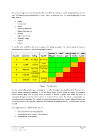 Publication No Cu0217
Issue Date: October 2015
Page 13
The senior management must state clearly what level of risk it is willing to accept. No operation can ever be
100% safe. Failures, also combined failures, have a chance of happening. They can have consequences in many
areas, such as:
 Safety
 Environment
 Quality
 Reliability of delivery
 Labour circumstances
 Security
 Legal requirements
 Corporate image
 Comfort
 Politics.
To visualize what level of risk the senior management is willing to accept, a risk matrix is set up. It shows the
relation between the severity and the frequency of incidents.
Figure 2 – The risk matrix.
The first column of this matrix gives a ranking of 1 to 5 for the impact severity of incidents. The next three
columns define the severity categories, in this case by the impact on cost, safety and quality. The following
columns indicate how often a certain failure is allowed to happen. A green block means the failure is
acceptable. Orange means improvement needs to be planned. Red means the failure is unacceptable and
immediate action is necessary. For example: an organisation determines that a power failure of longer than
four hours will occur less than once every ten years and has a severity score of 3. This means no action is
needed.
Some organisations use the risk matrix also for:
 Decisions on replacement investments
 Decisions on counter measures after incidents
 Designing new asset systems.
Severity Economics Safety Quality
< 1 time/
50 years
< 1 time/
10 years
< 1 time/
year
< 1 time /
month
> 1 time/
month
1 <€ 1000 No impact No impact
2 <€ 5000 First Aid
Minor
complaint
3 <€ 50.000
Lost time
incident
Customer
return
4 <€ 500.000
Permanent
disabled
5 > € 500.000 Death
Product
recall
 