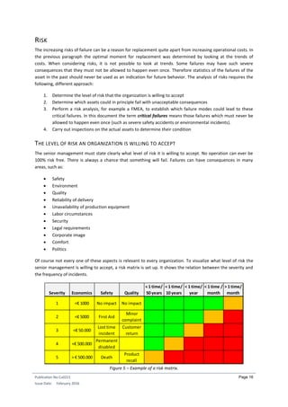 Publication No Cu0221
Issue Date: February 2016
Page 16
RISK
The increasing risks of failure can be a reason for replacement quite apart from increasing operational costs. In
the previous paragraph the optimal moment for replacement was determined by looking at the trends of
costs. When considering risks, it is not possible to look at trends. Some failures may have such severe
consequences that they must not be allowed to happen even once. Therefore statistics of the failures of the
asset in the past should never be used as an indication for future behavior. The analysis of risks requires the
following, different approach:
1. Determine the level of risk that the organization is willing to accept
2. Determine which assets could in principle fail with unacceptable consequences
3. Perform a risk analysis, for example a FMEA, to establish which failure modes could lead to these
critical failures. In this document the term critical failures means those failures which must never be
allowed to happen even once (such as severe safety accidents or environmental incidents).
4. Carry out inspections on the actual assets to determine their condition
THE LEVEL OF RISK AN ORGANIZATION IS WILLING TO ACCEPT
The senior management must state clearly what level of risk it is willing to accept. No operation can ever be
100% risk free. There is always a chance that something will fail. Failures can have consequences in many
areas, such as:
 Safety
 Environment
 Quality
 Reliability of delivery
 Unavailability of production equipment
 Labor circumstances
 Security
 Legal requirements
 Corporate image
 Comfort
 Politics
Of course not every one of these aspects is relevant to every organization. To visualize what level of risk the
senior management is willing to accept, a risk matrix is set up. It shows the relation between the severity and
the frequency of incidents.
Figure 5 – Example of a risk matrix.
Severity Economics Safety Quality
< 1 time/
50 years
< 1 time/
10 years
< 1 time/
year
< 1 time /
month
> 1 time/
month
1 <€ 1000 No impact No impact
2 <€ 5000 First Aid
Minor
complaint
3 <€ 50.000
Lost time
incident
Customer
return
4 <€ 500.000
Permanent
disabled
5 > € 500.000 Death
Product
recall
 