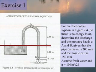 Exercise 1


             For the frictionless
             syphon in Figure 2.4 (So
             there is no energy loss),
             determine the discharge
             and the pressure heads at
             A and B, given that the
             pipe diameter is 200 mm
             and the nozzle exit is
             150 mm
             Assume fresh water and
             g = 10 [m/s2]
 