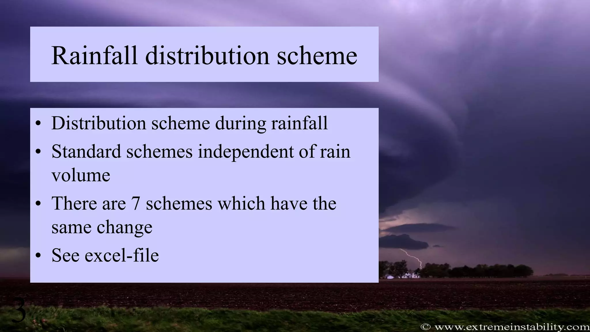 Rainfall distribution scheme
• Distribution scheme during rainfall
• Standard schemes independent of rain
volume
• There are 7 schemes which have the
same change
• See excel-file
3
 