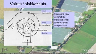 Volute / slakkenhuis
Cavitation may
occur at the
transition from
subpressure to
overpressure
volute
casing
Impeller
1