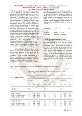 FOLAGBADE Samuel Olufemi / International Journal of Engineering Research and
Applications (IJERA) ISSN: 2248-9622 www.ijera.com
Vol. 3, Issue 3, May-Jun 2013, pp.582-587
584 | P a g e
Portland cement paste specimen and the quantity of
Ca(OH)2 present in the other cement paste
specimens at that age. The quantities of Ca(OH)2
present in the cement paste specimens were
determined by thermogravimetric (TG) analysis
which involves measuring the weight loss of a
sample with respect to temperature change. From
the plot of the sample weight against the
temperature, physical and chemical changes that
involve thermal decomposition (or weight loss)
were identified and measured. To avoid weight
gain which could result if the sample reacts with
atmospheric gases, the experiment was conducted
in an inert atmosphere using Nitrogen gas. The TG
equipment also allows constant replacement of its
internal atmosphere in order to flush out the gases
evolved and prevent reactions between the
volatilized substances in the material which could
complicate the interpretation of the
thermogravimetric plots. The TG equipment used is
a STA- 1 installation unit fitted with a 1500o
C
capacity furnace connected to a computer which
automatically log and analyse the data generated.
After crushing the 75mm hardened cement
paste cube into pieces, fragments from its core
were selected, quenched in acetone to stop the
hydration process, oven-dried at 40o
C to avoid
carbonation, cooled to room temperature in a
dessicator containing silica gel and ground into
powder. A minimum powder sample of 10mg was
placed in a platinum crucible, installed on the TG
equipment and heated to a temperature of 1000o
C
at a rate of 10o
C/minute. The TG plot produced was
used to determine the quantity of Ca(OH)2 left in
the samples at the respective ages as stated below.
The % water loss (wL) from the dehydroxylation
region (defined by a temperature range of 400-
500o
C on the graph of the first derivative) was
obtained and used in conjunction with equation 2 to
determine the %Ca(OH)2 content as stated in
equation 1.
%Ca(OH)2 =
18
wL
x 74 (1)
Ca(OH)2 → CaO + H2O (2)
(74g/mole) (56g/mole) (18g/mole)
4 Analysis and discussion of results
The Ca(OH)2 contents and consumption of
the cement pastes, at the curing ages of 28, 90 and
180 days and water/cement ratio of 0.50, are
presented in Table 2. As expected, the quantity of
Ca(OH)2 in the Portland cement paste increases
with increasing curing age. On the other hand, due
to the dilution effect (reduction due to Portland
cement replacement) and the consumption of
Ca(OH)2 by the pozzolanic reactions of the cement
additions, the quantity of Ca(OH)2 in the binary
and ternary cement pastes reduced with increasing
curing age and increasing content of the cement
additions.
Table 2: Hydration properties and Ca(OH)2 consumption of cement combination pastes
MIX COMBINATION
Ca(OH)2 CONTENT AND CONSUMPTION OF CEMENT PASTE,
% Cement Mass
w/c = 0.50
28 DAYS 90 DAYS 180 DAYS
CH1
CH2
CH3
CH1
CH2
CH3
CH1
CH2
CH3
100% PC 22.4 - - 23.3 - - 23.7 - -
80%PC+20%FA 18.2 0.0 0.00 17.2 1.4 0.07 16.5 2.5 0.13
80%PC+15%FA+5%MK 17.5 0.4 0.08 16.5 2.1 0.21 15.8 3.2 0.27
80%PC+15%FA+5%SF 16.7 1.2 0.24 15.8 2.8 0.35 15.2 3.8 0.39
65%PC+35%FA
14.5 0.0 0.00 13.2 1.9 0.05 12.1 3.3 0.09
65%PC+30%FA+5%MK 14.2 0.4 0.06 12.9 2.2 0.11 11.8 3.6 0.15
65%PC+25%FA+10%MK 13.5 1.1 0.10 12.2 2.9 0.15 11.0 4.4 0.20
 