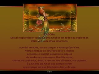 É AGORA.
Deixai resplandecer vossa Chama Crística em todo seu esplendor.
Olhai-vos com olhos amorosos,
acordai amados, para enxergar a vossa própria luz.
Nesta situação de olhardes para o interior
acontece o insight, acontece a mágica
de verdes a vos mesmos tão diferentes,
cheios de confiança, amor, a ternura vos alimenta, vos aquece.
É a Chama do Amor que sempre foram
que emerge em sua totalidade diante de vos.
 