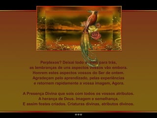 Perplexos? Deixai todo o resto para trás,
as lembranças de uns aspectos vossos vão embora.
Honrem estes aspectos vossos do Ser de ontem.
Agradeçam pelo aprendizado, pelas experiências
e retornem rapidamente a vossa imagem, Agora.
A Presença Divina que sois com todos os vossos atributos.
A herança de Deus. Imagem e semelhança.
E assim fostes criados. Criaturas divinas, atributos divinos.
 