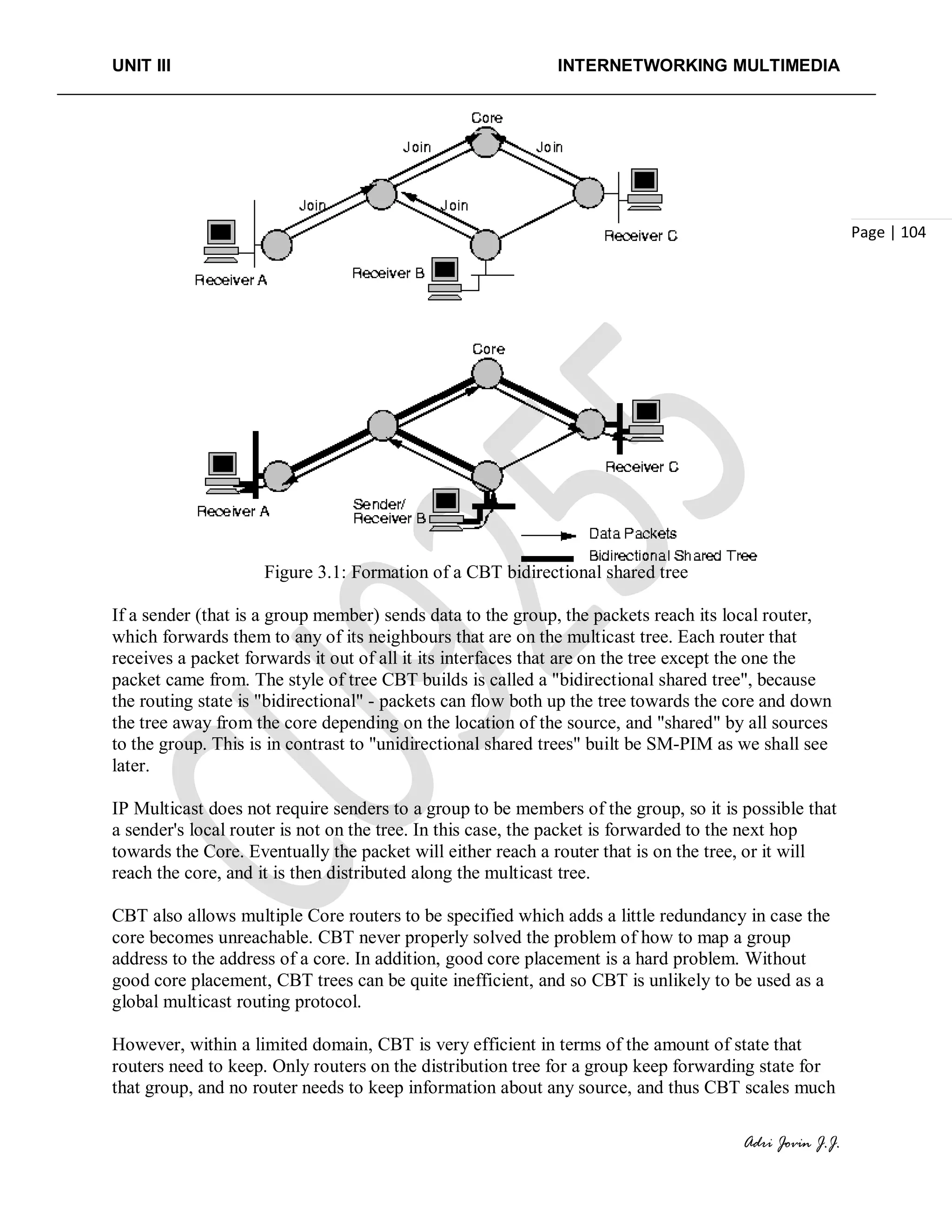UNIT III INTERNETWORKING MULTIMEDIA
Adri Jovin J.J.
Page | 104
Figure 3.1: Formation of a CBT bidirectional shared tree
If a sender (that is a group member) sends data to the group, the packets reach its local router,
which forwards them to any of its neighbours that are on the multicast tree. Each router that
receives a packet forwards it out of all it its interfaces that are on the tree except the one the
packet came from. The style of tree CBT builds is called a "bidirectional shared tree", because
the routing state is "bidirectional" - packets can flow both up the tree towards the core and down
the tree away from the core depending on the location of the source, and "shared" by all sources
to the group. This is in contrast to "unidirectional shared trees" built be SM-PIM as we shall see
later.
IP Multicast does not require senders to a group to be members of the group, so it is possible that
a sender's local router is not on the tree. In this case, the packet is forwarded to the next hop
towards the Core. Eventually the packet will either reach a router that is on the tree, or it will
reach the core, and it is then distributed along the multicast tree.
CBT also allows multiple Core routers to be specified which adds a little redundancy in case the
core becomes unreachable. CBT never properly solved the problem of how to map a group
address to the address of a core. In addition, good core placement is a hard problem. Without
good core placement, CBT trees can be quite inefficient, and so CBT is unlikely to be used as a
global multicast routing protocol.
However, within a limited domain, CBT is very efficient in terms of the amount of state that
routers need to keep. Only routers on the distribution tree for a group keep forwarding state for
that group, and no router needs to keep information about any source, and thus CBT scales much
 