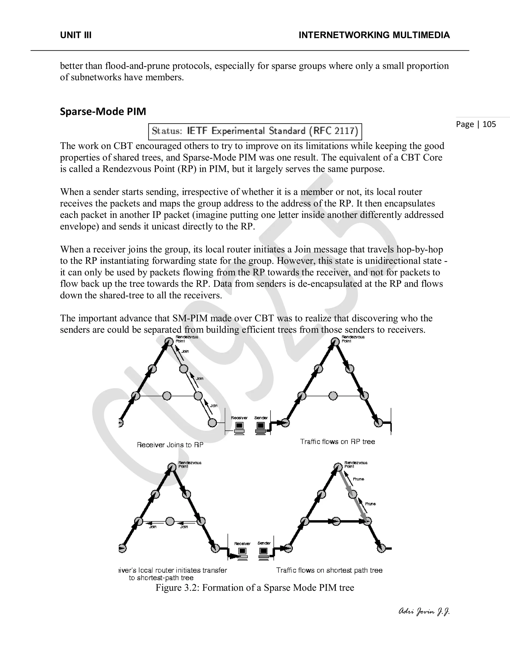 UNIT III INTERNETWORKING MULTIMEDIA
Adri Jovin J.J.
Page | 105
better than flood-and-prune protocols, especially for sparse groups where only a small proportion
of subnetworks have members.
Sparse-Mode PIM
The work on CBT encouraged others to try to improve on its limitations while keeping the good
properties of shared trees, and Sparse-Mode PIM was one result. The equivalent of a CBT Core
is called a Rendezvous Point (RP) in PIM, but it largely serves the same purpose.
When a sender starts sending, irrespective of whether it is a member or not, its local router
receives the packets and maps the group address to the address of the RP. It then encapsulates
each packet in another IP packet (imagine putting one letter inside another differently addressed
envelope) and sends it unicast directly to the RP.
When a receiver joins the group, its local router initiates a Join message that travels hop-by-hop
to the RP instantiating forwarding state for the group. However, this state is unidirectional state -
it can only be used by packets flowing from the RP towards the receiver, and not for packets to
flow back up the tree towards the RP. Data from senders is de-encapsulated at the RP and flows
down the shared-tree to all the receivers.
The important advance that SM-PIM made over CBT was to realize that discovering who the
senders are could be separated from building efficient trees from those senders to receivers.
Figure 3.2: Formation of a Sparse Mode PIM tree
 