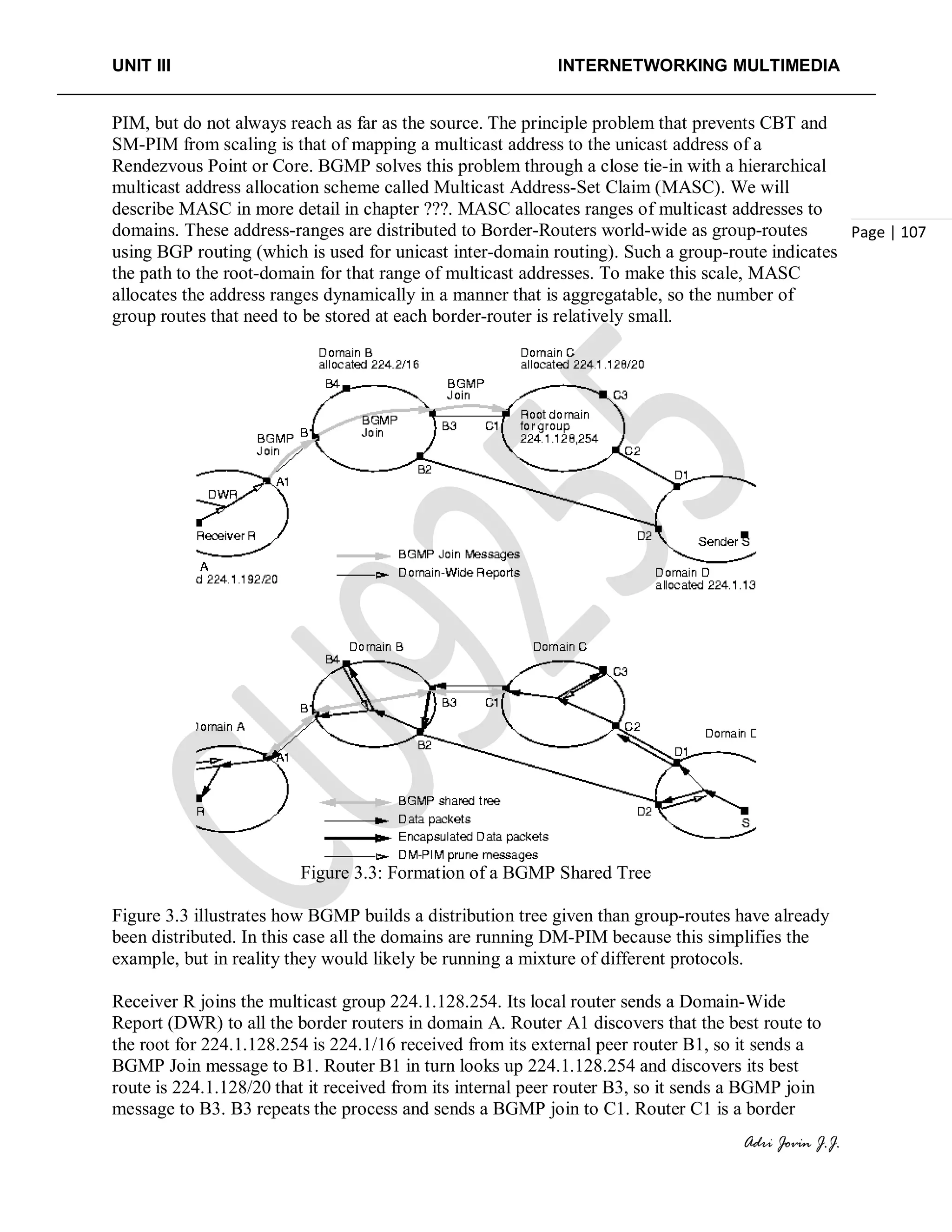 UNIT III INTERNETWORKING MULTIMEDIA
Adri Jovin J.J.
Page | 107
PIM, but do not always reach as far as the source. The principle problem that prevents CBT and
SM-PIM from scaling is that of mapping a multicast address to the unicast address of a
Rendezvous Point or Core. BGMP solves this problem through a close tie-in with a hierarchical
multicast address allocation scheme called Multicast Address-Set Claim (MASC). We will
describe MASC in more detail in chapter ???. MASC allocates ranges of multicast addresses to
domains. These address-ranges are distributed to Border-Routers world-wide as group-routes
using BGP routing (which is used for unicast inter-domain routing). Such a group-route indicates
the path to the root-domain for that range of multicast addresses. To make this scale, MASC
allocates the address ranges dynamically in a manner that is aggregatable, so the number of
group routes that need to be stored at each border-router is relatively small.
Figure 3.3: Formation of a BGMP Shared Tree
Figure 3.3 illustrates how BGMP builds a distribution tree given than group-routes have already
been distributed. In this case all the domains are running DM-PIM because this simplifies the
example, but in reality they would likely be running a mixture of different protocols.
Receiver R joins the multicast group 224.1.128.254. Its local router sends a Domain-Wide
Report (DWR) to all the border routers in domain A. Router A1 discovers that the best route to
the root for 224.1.128.254 is 224.1/16 received from its external peer router B1, so it sends a
BGMP Join message to B1. Router B1 in turn looks up 224.1.128.254 and discovers its best
route is 224.1.128/20 that it received from its internal peer router B3, so it sends a BGMP join
message to B3. B3 repeats the process and sends a BGMP join to C1. Router C1 is a border
 