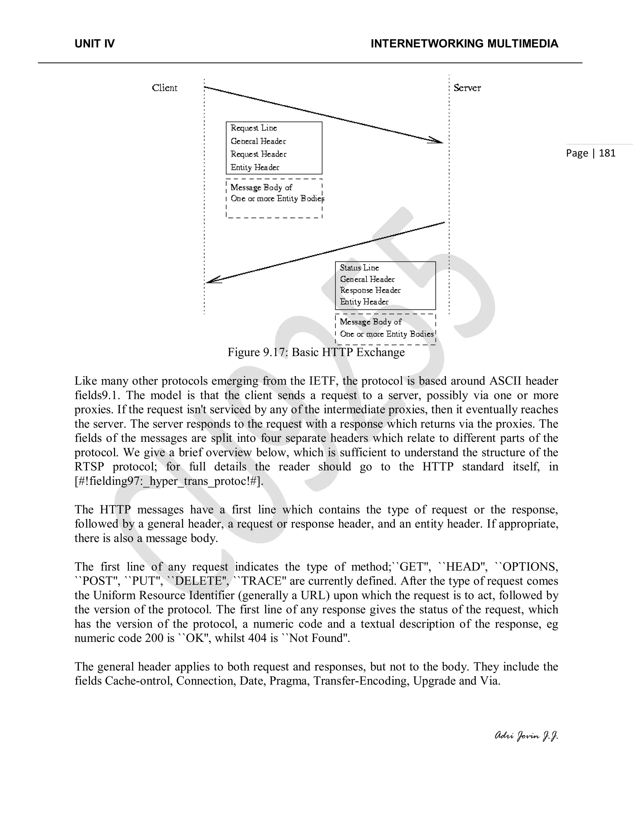 UNIT IV INTERNETWORKING MULTIMEDIA
Adri Jovin J.J.
Page | 181
Figure 9.17: Basic HTTP Exchange
Like many other protocols emerging from the IETF, the protocol is based around ASCII header
fields9.1. The model is that the client sends a request to a server, possibly via one or more
proxies. If the request isn't serviced by any of the intermediate proxies, then it eventually reaches
the server. The server responds to the request with a response which returns via the proxies. The
fields of the messages are split into four separate headers which relate to different parts of the
protocol. We give a brief overview below, which is sufficient to understand the structure of the
RTSP protocol; for full details the reader should go to the HTTP standard itself, in
[#!fielding97:_hyper_trans_protoc!#].
The HTTP messages have a first line which contains the type of request or the response,
followed by a general header, a request or response header, and an entity header. If appropriate,
there is also a message body.
The first line of any request indicates the type of method;``GET'', ``HEAD'', ``OPTIONS,
``POST'', ``PUT'', ``DELETE'', ``TRACE'' are currently defined. After the type of request comes
the Uniform Resource Identifier (generally a URL) upon which the request is to act, followed by
the version of the protocol. The first line of any response gives the status of the request, which
has the version of the protocol, a numeric code and a textual description of the response, eg
numeric code 200 is ``OK'', whilst 404 is ``Not Found''.
The general header applies to both request and responses, but not to the body. They include the
fields Cache-ontrol, Connection, Date, Pragma, Transfer-Encoding, Upgrade and Via.
 