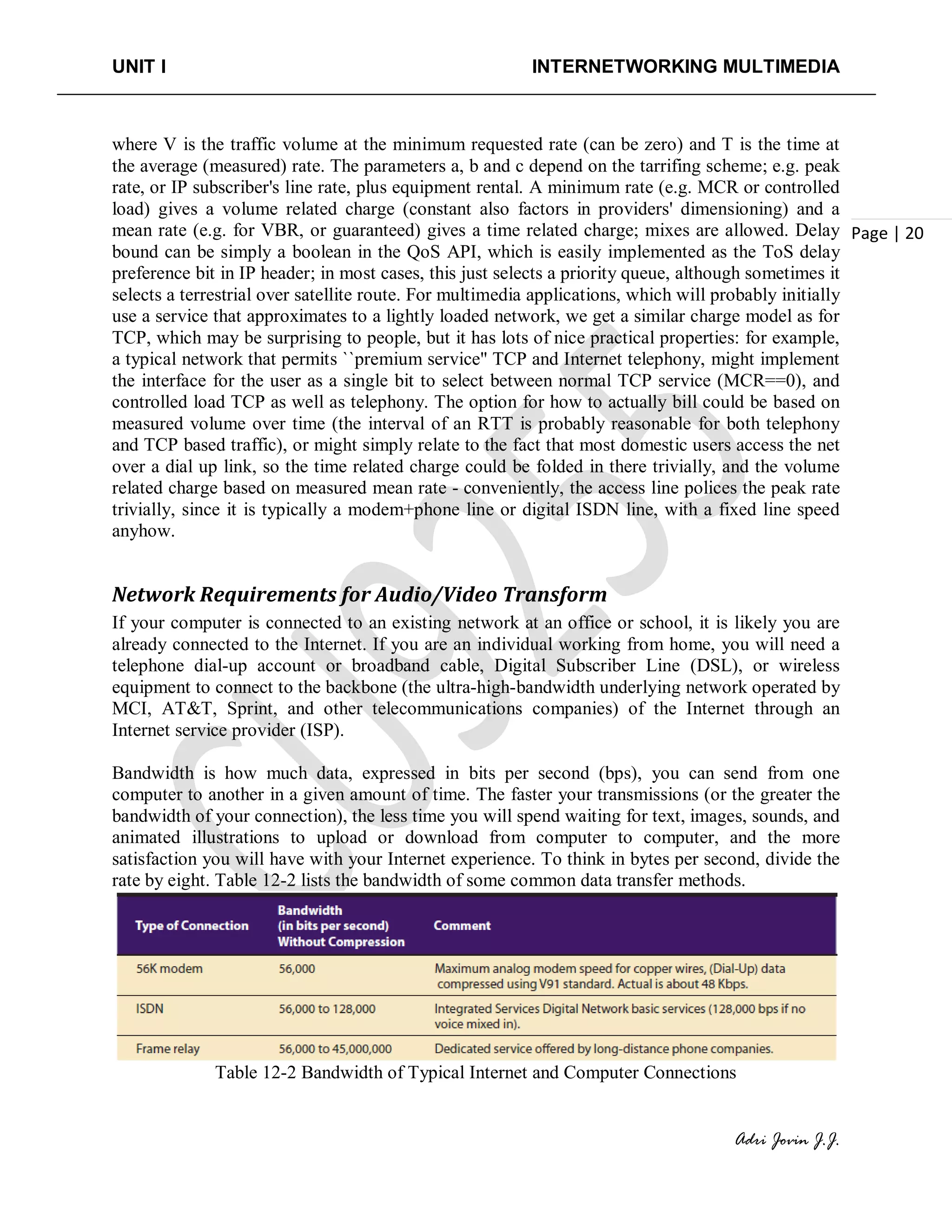 UNIT I INTERNETWORKING MULTIMEDIA
Adri Jovin J.J.
Page | 20
where V is the traffic volume at the minimum requested rate (can be zero) and T is the time at
the average (measured) rate. The parameters a, b and c depend on the tarrifing scheme; e.g. peak
rate, or IP subscriber's line rate, plus equipment rental. A minimum rate (e.g. MCR or controlled
load) gives a volume related charge (constant also factors in providers' dimensioning) and a
mean rate (e.g. for VBR, or guaranteed) gives a time related charge; mixes are allowed. Delay
bound can be simply a boolean in the QoS API, which is easily implemented as the ToS delay
preference bit in IP header; in most cases, this just selects a priority queue, although sometimes it
selects a terrestrial over satellite route. For multimedia applications, which will probably initially
use a service that approximates to a lightly loaded network, we get a similar charge model as for
TCP, which may be surprising to people, but it has lots of nice practical properties: for example,
a typical network that permits ``premium service'' TCP and Internet telephony, might implement
the interface for the user as a single bit to select between normal TCP service (MCR==0), and
controlled load TCP as well as telephony. The option for how to actually bill could be based on
measured volume over time (the interval of an RTT is probably reasonable for both telephony
and TCP based traffic), or might simply relate to the fact that most domestic users access the net
over a dial up link, so the time related charge could be folded in there trivially, and the volume
related charge based on measured mean rate - conveniently, the access line polices the peak rate
trivially, since it is typically a modem+phone line or digital ISDN line, with a fixed line speed
anyhow.
Network Requirements for Audio/Video Transform
If your computer is connected to an existing network at an office or school, it is likely you are
already connected to the Internet. If you are an individual working from home, you will need a
telephone dial-up account or broadband cable, Digital Subscriber Line (DSL), or wireless
equipment to connect to the backbone (the ultra-high-bandwidth underlying network operated by
MCI, AT&T, Sprint, and other telecommunications companies) of the Internet through an
Internet service provider (ISP).
Bandwidth is how much data, expressed in bits per second (bps), you can send from one
computer to another in a given amount of time. The faster your transmissions (or the greater the
bandwidth of your connection), the less time you will spend waiting for text, images, sounds, and
animated illustrations to upload or download from computer to computer, and the more
satisfaction you will have with your Internet experience. To think in bytes per second, divide the
rate by eight. Table 12-2 lists the bandwidth of some common data transfer methods.
Table 12-2 Bandwidth of Typical Internet and Computer Connections
 