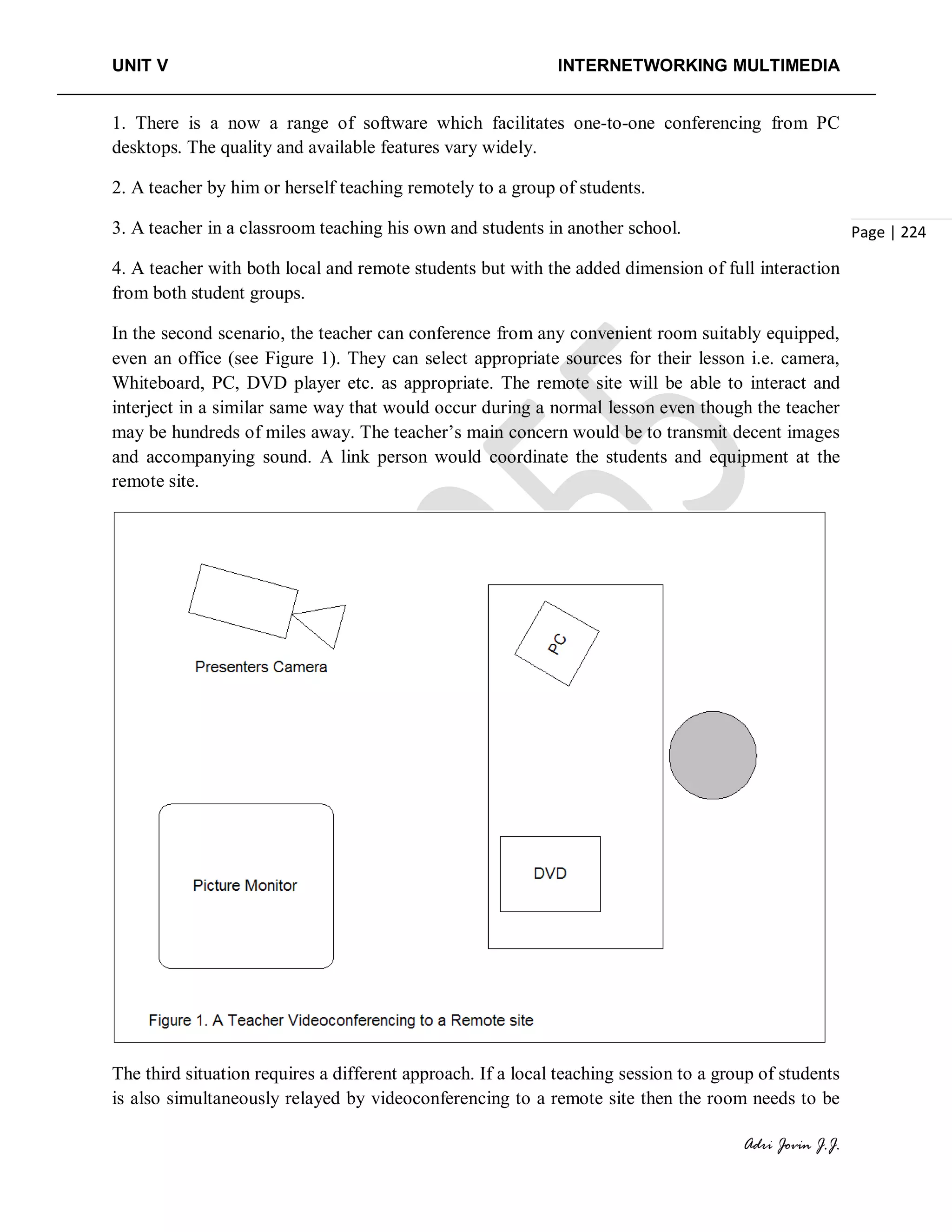 UNIT V INTERNETWORKING MULTIMEDIA
Adri Jovin J.J.
Page | 224
1. There is a now a range of software which facilitates one-to-one conferencing from PC
desktops. The quality and available features vary widely.
2. A teacher by him or herself teaching remotely to a group of students.
3. A teacher in a classroom teaching his own and students in another school.
4. A teacher with both local and remote students but with the added dimension of full interaction
from both student groups.
In the second scenario, the teacher can conference from any convenient room suitably equipped,
even an office (see Figure 1). They can select appropriate sources for their lesson i.e. camera,
Whiteboard, PC, DVD player etc. as appropriate. The remote site will be able to interact and
interject in a similar same way that would occur during a normal lesson even though the teacher
may be hundreds of miles away. The teacher’s main concern would be to transmit decent images
and accompanying sound. A link person would coordinate the students and equipment at the
remote site.
The third situation requires a different approach. If a local teaching session to a group of students
is also simultaneously relayed by videoconferencing to a remote site then the room needs to be
 