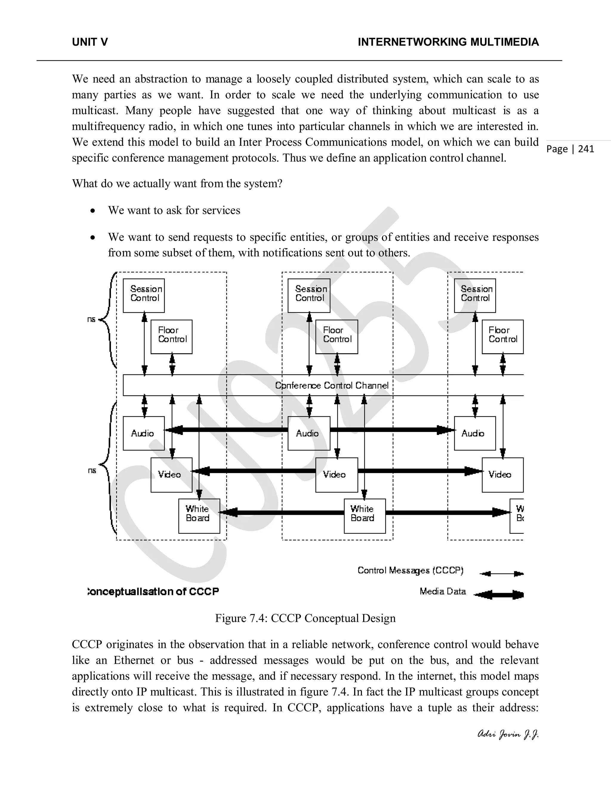 UNIT V INTERNETWORKING MULTIMEDIA
Adri Jovin J.J.
Page | 241
We need an abstraction to manage a loosely coupled distributed system, which can scale to as
many parties as we want. In order to scale we need the underlying communication to use
multicast. Many people have suggested that one way of thinking about multicast is as a
multifrequency radio, in which one tunes into particular channels in which we are interested in.
We extend this model to build an Inter Process Communications model, on which we can build
specific conference management protocols. Thus we define an application control channel.
What do we actually want from the system?
• We want to ask for services
• We want to send requests to specific entities, or groups of entities and receive responses
from some subset of them, with notifications sent out to others.
Figure 7.4: CCCP Conceptual Design
CCCP originates in the observation that in a reliable network, conference control would behave
like an Ethernet or bus - addressed messages would be put on the bus, and the relevant
applications will receive the message, and if necessary respond. In the internet, this model maps
directly onto IP multicast. This is illustrated in figure 7.4. In fact the IP multicast groups concept
is extremely close to what is required. In CCCP, applications have a tuple as their address:
 