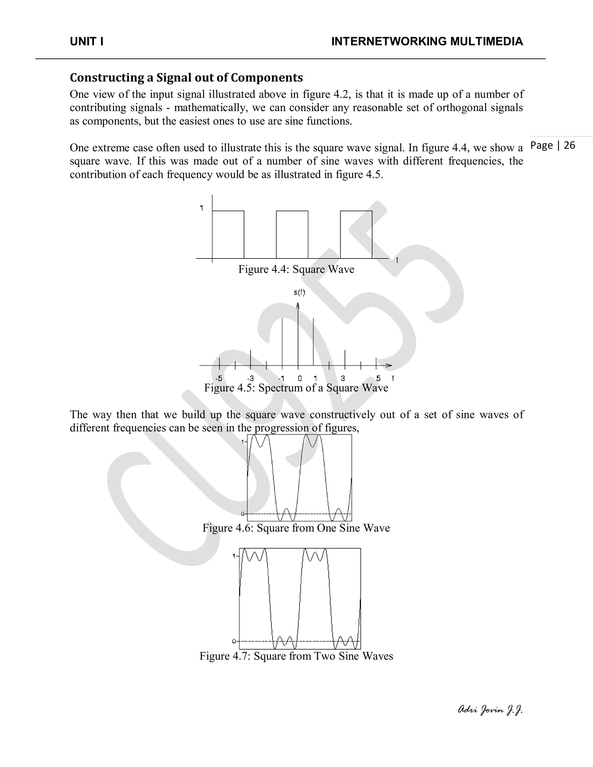 UNIT I INTERNETWORKING MULTIMEDIA
Adri Jovin J.J.
Page | 26
Constructing a Signal out of Components
One view of the input signal illustrated above in figure 4.2, is that it is made up of a number of
contributing signals - mathematically, we can consider any reasonable set of orthogonal signals
as components, but the easiest ones to use are sine functions.
One extreme case often used to illustrate this is the square wave signal. In figure 4.4, we show a
square wave. If this was made out of a number of sine waves with different frequencies, the
contribution of each frequency would be as illustrated in figure 4.5.
Figure 4.4: Square Wave
Figure 4.5: Spectrum of a Square Wave
The way then that we build up the square wave constructively out of a set of sine waves of
different frequencies can be seen in the progression of figures,
Figure 4.6: Square from One Sine Wave
Figure 4.7: Square from Two Sine Waves
 