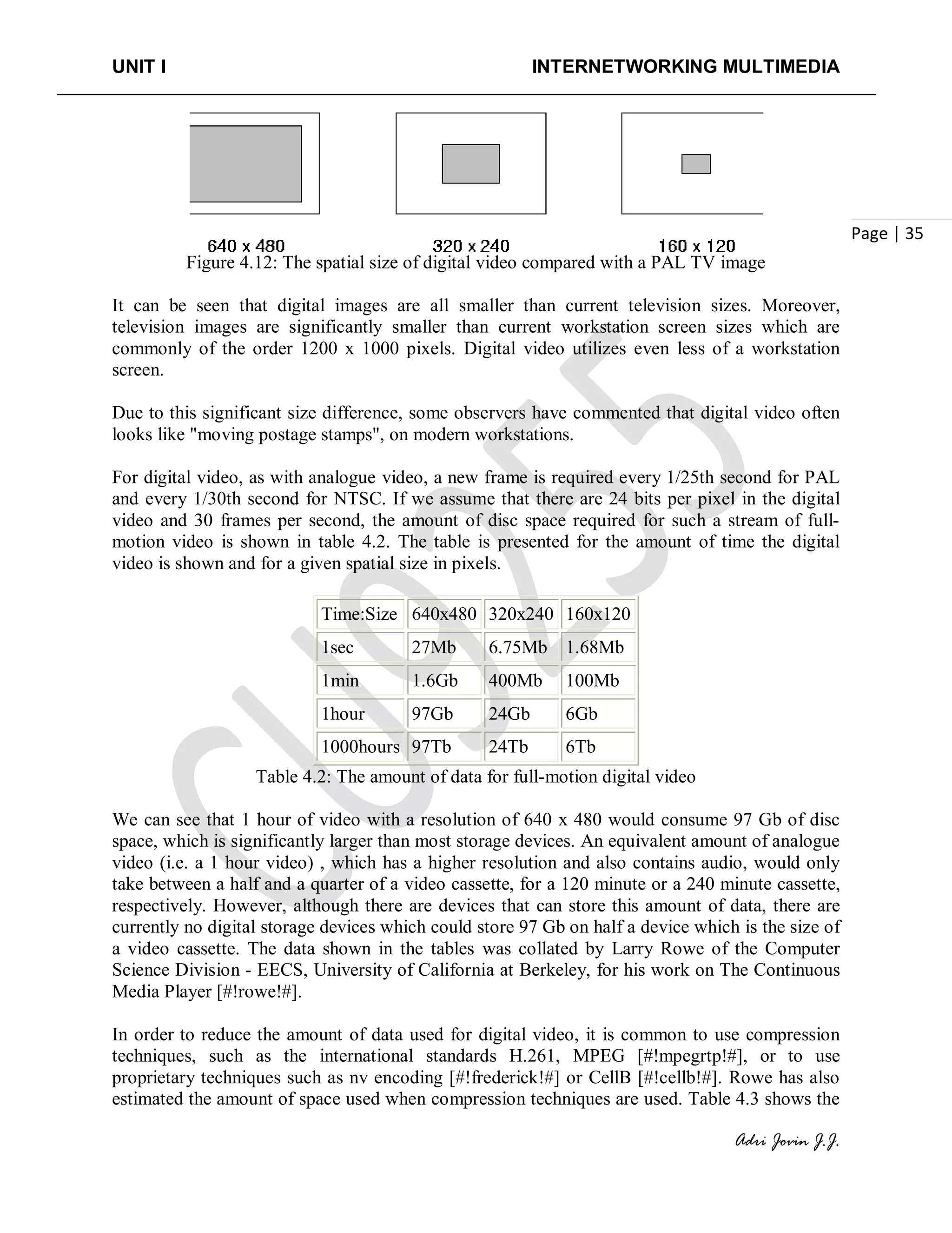 UNIT I INTERNETWORKING MULTIMEDIA
Adri Jovin J.J.
Page | 35
Figure 4.12: The spatial size of digital video compared with a PAL TV image
It can be seen that digital images are all smaller than current television sizes. Moreover,
television images are significantly smaller than current workstation screen sizes which are
commonly of the order 1200 x 1000 pixels. Digital video utilizes even less of a workstation
screen.
Due to this significant size difference, some observers have commented that digital video often
looks like "moving postage stamps", on modern workstations.
For digital video, as with analogue video, a new frame is required every 1/25th second for PAL
and every 1/30th second for NTSC. If we assume that there are 24 bits per pixel in the digital
video and 30 frames per second, the amount of disc space required for such a stream of full-
motion video is shown in table 4.2. The table is presented for the amount of time the digital
video is shown and for a given spatial size in pixels.
Time:Size 640x480 320x240 160x120
1sec 27Mb 6.75Mb 1.68Mb
1min 1.6Gb 400Mb 100Mb
1hour 97Gb 24Gb 6Gb
1000hours 97Tb 24Tb 6Tb
Table 4.2: The amount of data for full-motion digital video
We can see that 1 hour of video with a resolution of 640 x 480 would consume 97 Gb of disc
space, which is significantly larger than most storage devices. An equivalent amount of analogue
video (i.e. a 1 hour video) , which has a higher resolution and also contains audio, would only
take between a half and a quarter of a video cassette, for a 120 minute or a 240 minute cassette,
respectively. However, although there are devices that can store this amount of data, there are
currently no digital storage devices which could store 97 Gb on half a device which is the size of
a video cassette. The data shown in the tables was collated by Larry Rowe of the Computer
Science Division - EECS, University of California at Berkeley, for his work on The Continuous
Media Player [#!rowe!#].
In order to reduce the amount of data used for digital video, it is common to use compression
techniques, such as the international standards H.261, MPEG [#!mpegrtp!#], or to use
proprietary techniques such as nv encoding [#!frederick!#] or CellB [#!cellb!#]. Rowe has also
estimated the amount of space used when compression techniques are used. Table 4.3 shows the
 