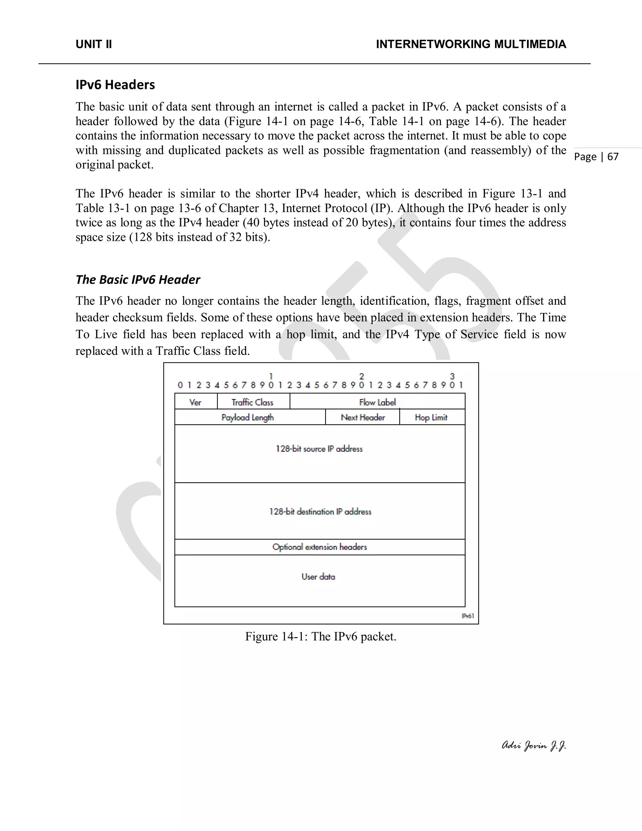 UNIT II INTERNETWORKING MULTIMEDIA
Adri Jovin J.J.
Page | 67
IPv6 Headers
The basic unit of data sent through an internet is called a packet in IPv6. A packet consists of a
header followed by the data (Figure 14-1 on page 14-6, Table 14-1 on page 14-6). The header
contains the information necessary to move the packet across the internet. It must be able to cope
with missing and duplicated packets as well as possible fragmentation (and reassembly) of the
original packet.
The IPv6 header is similar to the shorter IPv4 header, which is described in Figure 13-1 and
Table 13-1 on page 13-6 of Chapter 13, Internet Protocol (IP). Although the IPv6 header is only
twice as long as the IPv4 header (40 bytes instead of 20 bytes), it contains four times the address
space size (128 bits instead of 32 bits).
The Basic IPv6 Header
The IPv6 header no longer contains the header length, identification, flags, fragment offset and
header checksum fields. Some of these options have been placed in extension headers. The Time
To Live field has been replaced with a hop limit, and the IPv4 Type of Service field is now
replaced with a Traffic Class field.
Figure 14-1: The IPv6 packet.
 