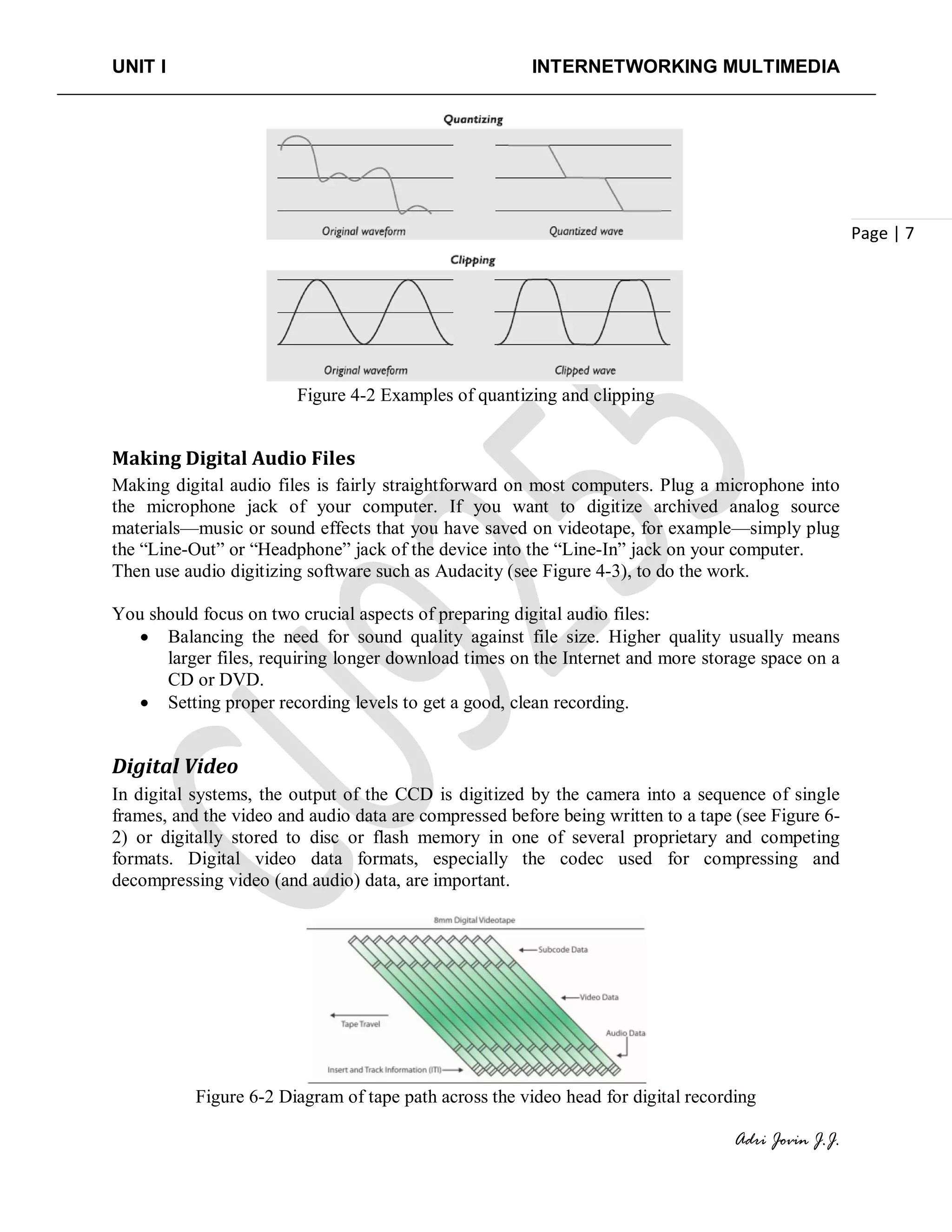 UNIT I INTERNETWORKING MULTIMEDIA
Adri Jovin J.J.
Page | 7
Figure 4-2 Examples of quantizing and clipping
Making Digital Audio Files
Making digital audio files is fairly straightforward on most computers. Plug a microphone into
the microphone jack of your computer. If you want to digitize archived analog source
materials—music or sound effects that you have saved on videotape, for example—simply plug
the “Line-Out” or “Headphone” jack of the device into the “Line-In” jack on your computer.
Then use audio digitizing software such as Audacity (see Figure 4-3), to do the work.
You should focus on two crucial aspects of preparing digital audio files:
• Balancing the need for sound quality against file size. Higher quality usually means
larger files, requiring longer download times on the Internet and more storage space on a
CD or DVD.
• Setting proper recording levels to get a good, clean recording.
Digital Video
In digital systems, the output of the CCD is digitized by the camera into a sequence of single
frames, and the video and audio data are compressed before being written to a tape (see Figure 6-
2) or digitally stored to disc or flash memory in one of several proprietary and competing
formats. Digital video data formats, especially the codec used for compressing and
decompressing video (and audio) data, are important.
Figure 6-2 Diagram of tape path across the video head for digital recording
 