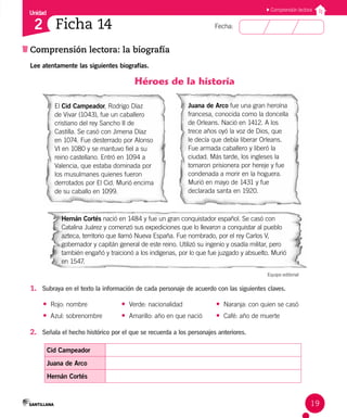 Unidad
Fecha:
19
2
Comprensión lectora
Comprensión lectora: la biografía
Ficha 14
Lee atentamente las siguientes biografías.
Héroes de la historia
El Cid Campeador, Rodrigo Díaz
de Vivar (1043), fue un caballero
cristiano del rey Sancho II de
Castilla. Se casó con Jimena Díaz
en 1074. Fue desterrado por Alonso
VI en 1080 y se mantuvo fiel a su
reino castellano. Entró en 1094 a
Valencia, que estaba dominada por
los musulmanes quienes fueron
derrotados por El Cid. Murió encima
de su caballo en 1099.
Juana de Arco fue una gran heroína
francesa, conocida como la doncella
de Orleans. Nació en 1412. A los
trece años oyó la voz de Dios, que
le decía que debía liberar Orleans.
Fue armada caballero y liberó la
ciudad. Más tarde, los ingleses la
tomaron prisionera por hereje y fue
condenada a morir en la hoguera.
Murió en mayo de 1431 y fue
declarada santa en 1920.
Hernán Cortés nació en 1484 y fue un gran conquistador español. Se casó con
Catalina Juárez y comenzó sus expediciones que lo llevaron a conquistar al pueblo
azteca, territorio que llamó Nueva España. Fue nombrado, por el rey Carlos V,
gobernador y capitán general de este reino. Utilizó su ingenio y osadía militar, pero
también engañó y traicionó a los indígenas, por lo que fue juzgado y absuelto. Murió
en 1547.
Equipo editorial
1. Subraya en el texto la información de cada personaje de acuerdo con las siguientes claves.
• Rojo: nombre
• Azul: sobrenombre
• Verde: nacionalidad
• Amarillo: año en que nació
• Naranja: con quien se casó
• Café: año de muerte
2. Señala el hecho histórico por el que se recuerda a los personajes anteriores.
Cid Campeador
Juana de Arco
Hernán Cortés
 