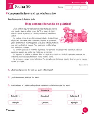 Unidad
Fecha:
55
5
Comprensión lectora: el texto informativo
Comprensión lectora
Ficha 50
Lee atentamente el siguiente texto.
¡Nos estamos llenando de plástico!
¿Has contado alguna vez la cantidad de objetos de plástico
que puedes llegar a utilizar en un día? Si lo haces, te darás
cuenta de que el plástico es casi imprescindible para la vida
actual.
La materia prima de las diferentes variedades de plástico es
el petróleo. La mayor parte no se descompone, lo que es un
grave problema en muchos países, ya que se está acumulando
una gran cantidad de basura. Para paliar este problema hay
tres posibles soluciones.
La primera consiste en reutilizar el plástico. Por ejemplo, en vez de botar las bolsas plásticas
podemos usarlas una y otra vez, hasta que se rompan.
La segunda es reciclar el plástico. Esto es, separar los plásticos de otros materiales para que las
industrias especializadas fabriquen nueva materia prima.
La tercera es escoger otros materiales. Por ejemplo, usar bolsas de papel o llevar un carrito cuando
vamos a comprar.
Equipo editorial,
1. ¿Cuál es el propósito del texto y a quién está dirigido?
2. ¿Cuál es el tema principal del texto?
3. Completa en tu cuaderno el siguiente esquema con la información del texto.
Problema
Ejemplo
Ejemplo
Ejemplo
Solución 3
Solución 2
Solución 1
 