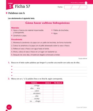 Casa del Saber
62
Fecha:
Unidad
5
Palabras con h
Ficha 57
Gramática y ortografía
Lee atentamente el siguiente texto.
Cómo hacer cultivos hidropónicos
Materiales
• Vasos o frascos de material impermeable
y transparente.
• Zanahoria o papa.
• Palitos de brochetas.
• Agua.
Procedimiento
1. Atraviesa la zanahoria o la papa con un palito de brocheta, de forma horizontal.
2. Coloca la zanahoria o la papa con el palito atravesado sobre tu vaso o frasco.
3. Rellena el vaso o frasco con agua hasta el borde.
4. Ahora, coloca el vaso o frasco en un lugar con bastante luz.
5. Después de unos días, el tubérculo elegido comenzará a brotar.
Equipo editorial
1. Busca en el texto cuatro palabras que tengan h y escribe una oración con cada una de ellas.
•
•
•
•
2. Marca con un ✓ si la palabra lleva o no lleva h, según corresponda.
Palabra Lleva h No lleva h
ormiga
alba aca
uslero
elicóptero
abía
azulejo
na ufragio
 