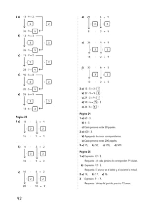 92
2 a)
b)
c)
d)
Página 23
1 a)
2 a) 15 : 5 = 3 : 1
b) 27 : 9 = 9 : 3
c) 27 : 3 = 9 : 1
d) 48 : 6 = 24 : 3
e) 36 : 6 = 6 : 1
Página 24
1 a) 60 : 3.
b) 6 : 3.
c) Cada persona recibe 20 papeles.
2 a) 600 : 3.
b) Agregando los ceros correspondientes.
c) Cada persona recibe 200 papeles.
3 a) 10; b) 30; c) 100; d) 400.
Página 25
1 a) Expresión: 42 : 3.
Respuesta : A cada persona le corresponden 14 dulces.
b) Expresión: 42 : 6.
Respuesta: El divisor es el doble y el cociente la mitad.
2 a) 19; b) 17; c) 16.
3 Expresión: 91 : 7.
Respuesta: Antes del partido practica 13 veces.
d)
b)
c)
e)
e)
f)
 