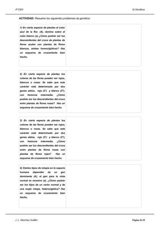 4º ESO                                                         II) Genética


   ACTIVIDAD: Resuelve los siguientes problemas de genética:


    1) En cierta especie de plantas el color
    azul de la flor, (A), domina sobre el
    color blanco (a) ¿Cómo podrán ser los
    descendientes del cruce de plantas de
    flores azules con plantas de flores
    blancas, ambas homocigóticas? Haz
    un    esquema       de   cruzamiento    bien
    hecho.




    2) En cierta especie de plantas los
    colores de las flores pueden ser rojos,
    blancos o rosas. Se sabe que este
    carácter está determinado por dos
    genes alelos, rojo (Cr) y blanco (Cb),
    con    herencia      intermedia.    ¿Cómo
    podrán ser los descendientes del cruce
    entre plantas de flores rosas? Haz un
    esquema de cruzamiento bien hecho.




    3) En cierta especie de plantas los
    colores de las flores pueden ser rojos,
    blancos o rosas. Se sabe que este
    carácter está determinado por dos
    genes alelos, rojo (Cr) y blanco (Cb),
    con      herencia    intermedia.    ¿Cómo
    podrán ser los descendientes del cruce
    entre plantas de flores rosas con
    plantas de flores rojas?            Haz un
    esquema de cruzamiento bien hecho.



    4) Ciertos tipos de miopía en la especie
    humana       dependen       de     un   gen
    dominante (A); el gen para la vista
    normal es recesivo (a). ¿Cómo podrán
    ser los hijos de un varón normal y de
    una mujer miope, heterocigótica? Haz
    un    esquema       de   cruzamiento    bien
    hecho.




J. L. Sánchez Guillén                                          Página II-18
 