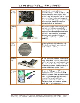 UNIDAD EDUCATIVA “PACIFICO CEMBRANOS”
CUADERNO DIGITAL ELABORADOPOR: JESSICA SARANGO PRIMERO BGU “E” 2014 - 2015
Tarjeta
de audio
esuna tarjetade expansiónpara
computadorasque permite lasalidade audio
controladapor uncontrolador(eninglés
driver).El usotípico de lastarjetasde sonido
consiste enhacer,mediante unprograma
que actúa de mezclador,que lasaplicaciones
multimediadel componente de audio
suenenypuedansergestionadas
FaxMod
em
Es el dispositivoque conviertelasseñales
digitalesenanalógicas(modulación)y
viceversa(demodulación),permitiendola
comunicaciónentre computadorasatravés
de la líneatelefónicaodel cable módem.
Este aparato sirve para enviarlaseñal
moduladoramediante otraseñal llamada
portadora
Pilao
batería
Una pilaeléctricaobatería eléctricaesel
formatoindustrializadoycomercial de la
celdagalvánicao voltaica.
Puertos
USB
El Bus Universal enSerie másconocidoUSB,
esun bus estándarindustrial que define los
cables,conectoresyprotocolosusadosenun
buspara conectar,comunicary proveerde
alimentacióneléctricaentre computadoras,
periféricosydispositivoselectrónicos.
Puertos
ps /2
El conectorPS/2 o puertoPS/2toma su
nombre de la serie de ordenadoresIBM
Personal System/2que escreadaporIBM en
1987, y empleadaparaconectartecladosy
ratones.Muchos de losadelantos
presentadosfueroninmediatamente
adoptadospor el mercadodel PC,siendo
este conectorunode losprimeros.
 