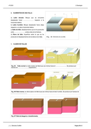 4º ESO                                                                                                                      I) Geología




   2.    ELEMENTOS DE UNA FALLA


   a)    Labio     elevado:      Bloque      que    se    encuentra
   desplazado hacia ............................ respecto a la
   horizontal relativa.
   b) Labio hundido: Bloque desplazado hacia abajo
   respecto a un plano horizontal relativo.
   c) Salto de falla: desplazamiento que se ha producido
   entre ............................ unidos antes de la fractura.
   d) Plano de falla: Superficie sobre la que se ha
   producido el desplazamiento de los labios de la falla.             Fig. 44 Elementos de una falla.




   1.    CLASES DE FALLAS




                                                                                                           Labio hundido

                                                                        Labio elevado




    Fig. 45 Falla normal: en ella el plano de falla buza (se inclina) hacia el ............................. Se produce por
    fuerzas de ............................ (separación).


                                                                                        Labio elevado      Labio hundido




    Fig. 46 Falla inversa: en ella el plano de falla buza (se inclina) hacia el lado hundido. Se produce por fuerzas de
    ..........................................




    Fig. 47 Falla de desgarre o transformante.




J. L. Sánchez Guillén                                                                                                      Página III-11
 