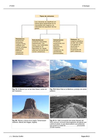 4º ESO                                                                                                          I) Geología




                                            Tipos de volcanes



                                     Los volcanes se clasifican en
                                     varios tipos basándose en la
                                     viscosidad del magma y la
                                     velocidad de expulsión de los
                                     gases.




         Hawaianos:
                                 Estrobolianos:                 Vulcanianos:                 Peleano: El
         erupciones
                                 producen pequeñas              Producen                     magma solidifica
         tranquilas,                                                                         al salir del cráter.
         magma fluido,           explosiones: Las               erupciones con
                                 lavas y los materiales         grandes                      Los gases se
         coladas que                                                                         acumulan y
         cubren amplias          piroclásticos se               explosiones.
                                 depositan en capas             Edificios                    provocan
         superficies.
                                 alternas formando los          volcánicos de                erupciones de
         Edificios
                                 conos volcánicos.              pendientes                   gran violencia.
         volcánicos
         achatados.                                             pronunciadas.




    Fig. 78 El Mauna Loa, en las Islas Hawai, volcán de   Fig. 79 El Mont Pelé en la Martinica, prototipo de volcán
    tipo hawaiano.                                        peleano.




    Fig. 80 Pitones y domos de la región Tamanrasset-     Fig. 81 En 1985, la erupción del volcán Nevado del
    Asekrem. Macizo del Hoggar, Argelia).                 Ruiz, provocó la brusca descongelación del glaciar que
                                                          cubría el volcán, lo que desencadenó una avalancha
                                                          que arrasó la ciudad de............................ provocando
                                                          23.000 muertos.




J. L. Sánchez Guillén                                                                                          Página III-21
 