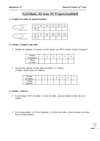 Matemáticas 6º Educación Primaria (3º Ciclo)
Actividades del tema 10: Proporcionalidad
1.- Completa las tablas de proporcionalidad.
2.- Calcula y completa cada tabla.
 Amanda ha comprado 12 raquetas de tenis iguales por 540 € ¿Cuánto costarán 6 raquetas?
 Una persona, jugando al tenis, gasta 60 calorías en 5 minutos.
¿Cuántas calorías gasta en 7 minutos?
3.- Calcula y contesta.
 En un colegio el 42% son niños y el resto son niñas. ¿Qué porcentaje de niñas hay en el
colegio?
 En un aparcamiento el 15% son furgonetas y el resto son coches. ¿Qué porcentaje de coches
hay en el aparcamiento?
12 14 16 18 20 22
36
64 72 88 96 112 128
32
Número
de raquetas
1 2 3 4 5 6
Precio
en euros
Tiempo
en minutos
1 2 3 4 5 6 7
Caloría
gastadas
.............
.............
 