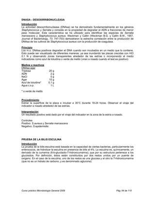 DNASA - DESOXIRRIBONUCLEASA
Introducción
La actividad desoxirribonucleasa (DNAsa) se ha demostrado fundamentalmente en los géneros
Staphylococcus y Serratia y consiste en la propiedad de degradar el ADN a fracciones de menor
peso molecular. Esta característica se ha utilizado para identificar las especies de Serratia
marcescens y Staphylococcus aureus. Weckman y Catlin (Weckman B.G. y Catlin B.W., 1957,
Journal of Bacteriology, 73: 747-753) demostraron la estrecha correlación entre la producción de
DNAsa de los cultivos de Staphylococcus aureus con la producción de coagulasa.

Principio
Los m.o. DNAsa positivos degradan el DNA cuando son incubados en un medio que lo contiene.
Esto puede ser visualizado de diferentes maneras: ya sea inundando las placas crecidas con HCl
0,1 N y observando zonas transparentes alrededor de las estrías o incorporando al medio
indicadores como azul de toluidina o verde de metilo (viran a rosado cuando el test es positivo).

Medios y reactivos
DNAsa agar
Triptosa                 20 g
ADN                        2g
NaCl                       5g
Agar                      15 g
Azul de toluidina*       0,1 g
Agua c.s.p.                1L

* o verde de metilo


Procedimiento
Estriar la superficie de la placa e incubar a 35°C durante 18-24 horas. Observar el viraje del
indicador a rosado alrededor de las estrías.

Interpretación
Un resultado positivo está dado por el viraje del indicador en la zona de la estría a rosado.

Controles
Positivo: S.aureus y Serratia marcescens
Negativo: S.epidermidis:




PRUEBA DE LA BILIS ESCULINA
Introducción
La prueba de la bilis-esculina está basada en la capacidad de ciertas bacterias, particularmente los
enterococos, de hidrolizar la esculina en presencia de bilis al 4%. La esculina es, químicamente, un
derivado de la cumarina (6-b-glucósido-7-hidroxicumarina), que por su estructura pertenece a los
glucósidos. Por definición, éstos están constituídos por dos restos unidos por un puente de
oxígeno. En el caso de la esculina, uno de los restos es una glucosa y el otro la 7-hidroxicumarina
(que no es un hidrato de carbono, y es denominado aglucona).




Curso práctico Microbiología General 2009                                              Pág. 64 de 110
 