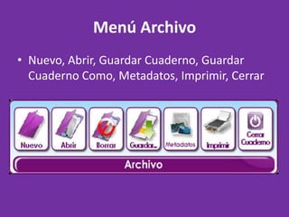 Menú Archivo Nuevo, Abrir, Guardar Cuaderno, Guardar Cuaderno Como, Metadatos, Imprimir, Cerrar 