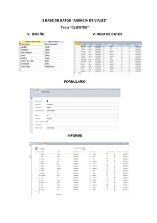 2 BASE DE DATOS “AGENCIA DE VIAJES”
Tabla “CLIENTES”
V. DISEÑO V. HOJA DE DATOS
FORMULARIO
INFORME
 