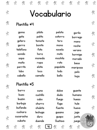 # @ # @ # @ # @ # @ # @
@
#
@
#
@
#
@
#
@
#
@
#
@
#
@
#
@
#
@
#
@
#
# @ # @ # @ # @ # @
Vocabulario
Plantilla #4
goma
gota
gotero
gorra
teléfono
sonido
sopa
moño
perrito
lobo
cabello
piloto
palito
tomate
bonito
foto
hora
moneda
ropa
elote
loco
camello
pelota
cotorro
toro
mono
novela
moto
mochila
roto
papalote
lodo
bello
gorila
borrego
mano
noche
verano
hormiga
morado
beso
mariposa
pelo
hoja
Plantilla #5
burro
buzo
buzón
burbuja
bufanda
cuchara
cucaracha
cubeta
cuna
cuchillo
cubo
churro
chuleta
lechuga
duro
duende
dulce
duda
fuego
fuga
fuente
gusano
guapo
Gustavo
guante
humano
hueso
hule
huevo
jugo
junta
juego
96
 