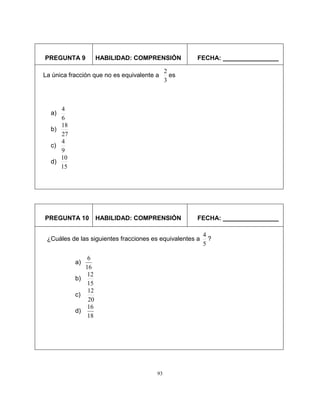 93
PREGUNTA 9 HABILIDAD: COMPRENSIÓN FECHA: ________________
PREGUNTA 10 HABILIDAD: COMPRENSIÓN FECHA: ________________
La única fracción que no es equivalente a
3
2
es
a)
6
4
b)
27
18
c)
9
4
d)
15
10
¿Cuáles de las siguientes fracciones es equivalentes a
5
4
?
a)
16
6
b)
15
12
c)
20
12
d)
18
16
 
