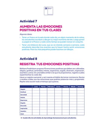 8 · Cuadernillo de actividades de Aprendizaje Socioemocional para estudiantes
Algunas ideas:
•	 Tener un frasco en la sala donde cada día, en algún momento de la rutina,
los estudiantes escriban o dibujen su mejor momento del día. Luego ponen
su papel en el frasco y cada cierto tiempo se pueden revisar en conjunto.
•	 Tener una bitácora de curso, que se va rotando semana a semana, cada
estudiante describe tres eventos que le hayan hecho sentir emociones
positivas. Para los más pequeños puede hacerse con dibujos.
Bárbara Fredrickson propone 10 emociones positivas que deben ser cultivadas:
alegría, gratitud, serenidad, interés, esperanza, orgullo, diversión, inspiración,
asombro y amor. En una tabla similar a la que te proponemos, registra cuáles
experimentas tú cada día:
Lleva un registro semanal, y así crearás el hábito de tomar conciencia. Revisa
y analiza cuáles son las emociones que podrías potenciar más y propóntelo.
Repite esta acción todo el tiempo que quieras.
Actividad 7
Actividad 8
AUMENTA LAS EMOCIONES
POSITIVAS EN TUS CLASES
REGISTRA TUS EMOCIONES POSITIVAS
Lunes Martes Miércoles Jueves Viernes Sábado Domingo
Alegría
Gratitud
Serenidad
Interés
Esperanza
Orgullo
Diversión
Inspiración
Asombro
Amor
 