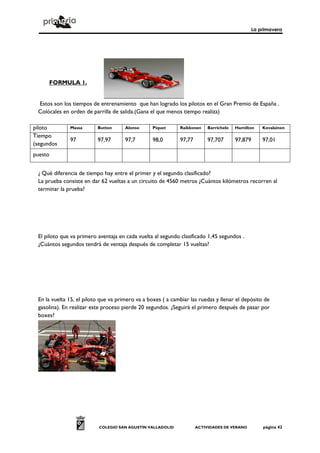 La primavera
COLEGIO SAN AGUSTÍN VALLADOLID ACTIVIDADES DE VERANO página 42
FORMULA 1.
Estos son los tiempos de entrenamiento que han logrado los pilotos en el Gran Premio de España .
Colócales en orden de parrilla de salida.(Gana el que menos tiempo realiza)
piloto Massa Button Alonso Piquet Raikkonen Barrichelo Hamilton Kovalainen
Tiempo
(segundos
97 97,97 97,7 98,0 97,77 97,707 97,879 97,01
puesto
¿ Qué diferencia de tiempo hay entre el primer y el segundo clasificado?
La prueba consiste en dar 62 vueltas a un circuito de 4560 metros ¿Cuántos kilómetros recorren al
terminar la prueba?
El piloto que va primero aventaja en cada vuelta al segundo clasificado 1,45 segundos .
¿Cuántos segundos tendrá de ventaja después de completar 15 vueltas?
En la vuelta 15, el piloto que va primero va a boxes ( a cambiar las ruedas y llenar el depósito de
gasolina). En realizar este proceso pierde 20 segundos. ¿Seguirá el primero después de pasar por
boxes?
 