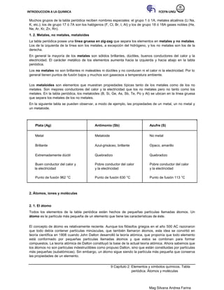 INTRODUCCION A LA QUIMICA FCEFN-UNSJ
Mag Silvana Andrea Farina
Muchos grupos de la tabla periódica reciben nombres especiales: el grupo 1 ó 1A, metales alcalinos (Li Na,
K, etc.); los de grupo 17 ó 7A son los halógenos (F, Cl, Br, I, At) y los de grupo 18 ó 18A gases nobles (He,
Ne, Ar, Kr, Zn, Rn).
1. 2. Metales, no metales, metaloides
La tabla periódica posee una línea gruesa en zig-zag que separa los elementos en metales y no metales.
Los de la izquierda de la línea son los metales, a excepción del hidrógeno, y los no metales son los de la
derecha.
En general la mayoría de los metales son sólidos brillantes, dúctiles, buenos conductores del calor y la
electricidad. El carácter metálico de los elementos aumenta hacia la izquierda y hacia abajo en la tabla
periódica.
Los no metales no son brillantes ni maleables ni dúctiles y no conducen ni el calor ni la electricidad. Por lo
general tienen puntos de fusión bajos y muchos son gaseosos a temperatura ambiente.
Los metaloides son elementos que muestran propiedades típicas tanto de los metales como de los no
metales. Son mejores conductores del calor y la electricidad que los no metales pero no tanto como los
metales. En la tabla periódica, los metaloides (B, Si, Ge, As, Sb, Te, Po y At) se ubican en la línea gruesa
que separa los metales de los no metales.
En la siguiente tabla se pueden observar, a modo de ejemplo, las propiedades de un metal, un no metal y
un metaloide.
Plata (Ag) Antimonio (Sb) Azufre (S)
Metal Metaloide No metal
Brillante Azul-grisáceo, brillante Opaco, amarillo
Extremadamente dúctil Quebradizo Quebradizo
Buen conductor del calor y Pobre conductor del calor Pobre conductor del calor
la electricidad y la electricidad y la electricidad
Punto de fusión 962 °C Punto de fusión 630 °C Punto de fusión 113 °C
2. Átomos, iones y moléculas
2. 1. El átomo
Todos los elementos de la tabla periódica están hechos de pequeñas partículas llamadas átomos. Un
átomo es la partícula más pequeña de un elemento que tiene las características de éste.
El concepto de átomo es relativamente reciente. Aunque los filósofos griegos en el año 500 AC razonaron
que todo debía contener partículas minúsculas, que también llamaron átomos, esta idea se convirtió en
teoría científica en 1808 cuando John Dalton desarrolló la teoría atómica, que proponía que todo elemento
está conformado por pequeñas partículas llamadas átomos y que estos se combinan para formar
compuestos. La teoría atómica de Dalton constituyó la base de la actual teoría atómica. Ahora sabemos que
los átomos no son partículas indestructibles como propuso Dalton, sino que están constituidas por partículas
más pequeñas (subatómicas). Sin embargo, un átomo sigue siendo la partícula más pequeña que conserva
las propiedades de un elemento.
9 Capítulo 2: Elementos y símbolos químicos. Tabla
periódica. Átomos y moléculas
 