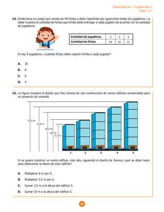 Matemáticas - Cuadernillo 1
Saber 6.°
9
Emilia tiene un juego que consta de 48 fichas y debe repartirlas por igual entre todos los jugadores. La
tabla muestra la cantidad de fichas que Emilia debe entregar a cada jugador de acuerdo con la cantidad
de jugadores.
Si hay 8 jugadores, ¿cuántas fichas debe repartir Emilia a cada jugador?
A. 10
B. 8
C. 6
D. 4
Cantidad de jugadores
Cantidad de fichas
2
24
3
16
4
12
La figura muestra el diseño que hizo Jimena de una construcción de varios edificios escalonados para
un proyecto de vivienda.
Si se quiere construir un sexto edificio, más alto, siguiendo el diseño de Jimena, ¿qué se debe hacer
para determinar la altura de este edificio?
A. Multiplicar 8 m por 6.
B. Multiplicar 5,5 m por 6.
C. Sumar 2,5 m a la altura del edificio 5.
D. Sumar 10 m a la altura del edificio 5.
1
5,5 m
8,0 m
10,5 m
13,0 m
15,5 m
2 3 4 5
14.
15.
 