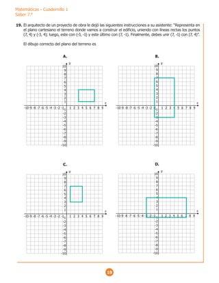 Matemáticas - Cuadernillo 1
Saber 7.°
10
El arquitecto de un proyecto de obra le dejó las siguientes instrucciones a su asistente: “Representa en
el plano cartesiano el terreno donde vamos a construir el edificio, uniendo con líneas rectas los puntos
(7, 4) y (-3, 4); luego, este con (-3, -1) y este último con (7, -1). Finalmente, debes unir (7, -1) con (7, 4)”.
El dibujo correcto del plano del terreno es
1
1 2 3 4 5 6 7 8 9
-9
-10 -8 -7 -6 -5 -4 -3 -2 -1
2
3
4
5
6
7
8
9
10
y
x
-9
-10
-8
-7
-6
-5
-4
-3
-2
-1
A.
1
1 2 3 4 5 6 7 8 9
-9
-10 -8 -7 -6 -5 -4 -3 -2 -1
2
3
4
5
6
7
8
9
10
y
x
-9
-10
-8
-7
-6
-5
-4
-3
-2
-1
B.
1
1 2 3 4 5 6 7 8 9
-9
-10 -8 -7 -6 -5 -4 -3 -2 -1
2
3
4
5
6
7
8
9
10
y
x
-9
-10
-8
-7
-6
-5
-4
-3
-2
-1
C.
1
1 2 3 4 5 6 7 8 9
-9
-10 -8 -7 -6 -5 -4 -3 -2 -1
2
3
4
5
6
7
8
9
10
y
x
-9
-10
-8
-7
-6
-5
-4
-3
-2
-1
D.
19.
 