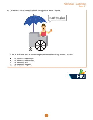 Matemáticas - Cuadernillo 1
Saber 7.°
11
Un vendedor hace cuentas acerca de su negocio de perros calientes.
¿Cuál es la relación entre el número de perros calientes vendidos y el dinero recibido?
A. De proporcionalidad inversa.
B. De proporcionalidad directa.
C. De correlación nula.
D. De correlación negativa.
Por cada perro caliente
vendido, recibo $2.000.
20.
FIN
 