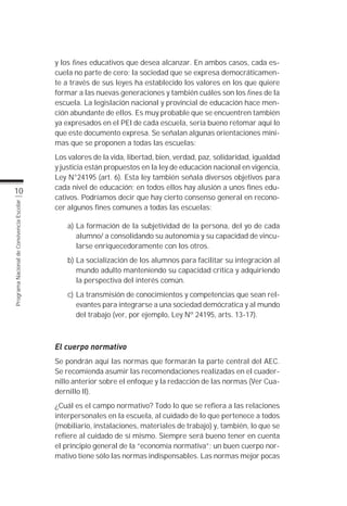 y los fines educativos que desea alcanzar. En ambos casos, cada es-
                                           cuela no parte de cero; la sociedad que se expresa democráticamen-
                                           te a través de sus leyes ha establecido los valores en los que quiere
                                           formar a las nuevas generaciones y también cuáles son los fines de la
                                           escuela. La legislación nacional y provincial de educación hace men-
                                           ción abundante de ellos. Es muy probable que se encuentren también
                                           ya expresados en el PEI de cada escuela, sería bueno retomar aquí lo
                                           que este documento expresa. Se señalan algunas orientaciones míni-
                                           mas que se proponen a todas las escuelas:
                                           Los valores de la vida, libertad, bien, verdad, paz, solidaridad, igualdad
                                           y justicia están propuestos en la ley de educación nacional en vigencia,
                                           Ley N°24195 (art. 6). Esta ley también señala diversos objetivos para
                                           cada nivel de educación; en todos ellos hay alusión a unos fines edu-
          10
                                           cativos. Podríamos decir que hay cierto consenso general en recono-
                                           cer algunos fines comunes a todas las escuelas:
Programa Nacional de Convivencia Escolar




                                               a) La formación de la subjetividad de la persona, del yo de cada
                                                  alumno/ a consolidando su autonomía y su capacidad de vincu-
                                                  larse enriquecedoramente con los otros.
                                               b) La socialización de los alumnos para facilitar su integración al
                                                  mundo adulto manteniendo su capacidad crítica y adquiriendo
                                                  la perspectiva del interés común.
                                               c) La transmisión de conocimientos y competencias que sean rel-
                                                  evantes para integrarse a una sociedad demócratica y al mundo
                                                  del trabajo (ver, por ejemplo, Ley Nº 24195, arts. 13-17).



                                           El cuerpo normativo
                                           Se pondrán aquí las normas que formarán la parte central del AEC.
                                           Se recomienda asumir las recomendaciones realizadas en el cuader-
                                           nillo anterior sobre el enfoque y la redacción de las normas (Ver Cua-
                                           dernillo II).
                                           ¿Cuál es el campo normativo? Todo lo que se refiera a las relaciones
                                           interpersonales en la escuela, al cuidado de lo que pertenece a todos
                                           (mobiliario, instalaciones, materiales de trabajo) y, también, lo que se
                                           refiere al cuidado de sí mismo. Siempre será bueno tener en cuenta
                                           el principio general de la “economía normativa”; un buen cuerpo nor-
                                           mativo tiene sólo las normas indispensables. Las normas mejor pocas
 