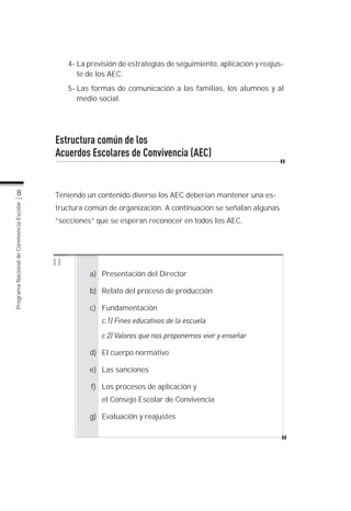4- La previsión de estrategias de seguimiento, aplicación y reajus-
                                                 te de los AEC.
                                              5- Las formas de comunicación a las familias, los alumnos y al
                                                 medio social.




                                           Estructura común de los
                                           Acuerdos Escolares de Convivencia (AEC)


                  8                        Teniendo un contenido diverso los AEC deberían mantener una es-
                                           tructura común de organización. A continuación se señalan algunas
Programa Nacional de Convivencia Escolar




                                           “secciones” que se esperan reconocer en todos los AEC.




                                                     a) Presentación del Director

                                                     b) Relato del proceso de producción

                                                     c) Fundamentación
                                                        c.1) Fines educativos de la escuela
                                                        c 2) Valores que nos proponemos vivir y enseñar

                                                     d) El cuerpo normativo

                                                     e) Las sanciones

                                                     f) Los procesos de aplicación y
                                                        el Consejo Escolar de Convivencia

                                                     g) Evaluación y reajustes
 