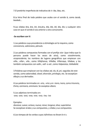 8
7.El pretérito imperfecto de indicativo de ir: iba, ibas, etc.
8.La letra final de toda palabra que acaba con el sonido b, como Jacob,
baobab...
9.Las sílabas bra, bre, bri, bro,bru, bla, ble, bli, blo, blu y cualquier otro
caso en que el sonido b sea anterior a otra consonante.
-Se escriben con V:
1.Las palabras cuya procedencia o etimología así lo requiera, como
convivencia, valenciano, párvulo.
2.Las palabras compuestas formadas con el prefijo vice- (que indica que la
persona puede hacer las veces de otra), como vicealmirante,
vicepresidente; los nombres de lugares geográficos que empiezan con
villa-, villar-, vila-, como Villafranca, Villalba, Villarcayo, Vilaboa, y los
también compuestos con valle-, vall- o val-, como Valparaíso, Valladolid.
3.Palabras que empiezan con las sílabas ad, cla, di, pri, seguidas de este
sonido, como adversidad, clavel, diversión, privilegio, etc. Se exceptúan
dibujo y sus derivados.
4.Las palabras terminadas en -viro, -vira y en -ívoro, ívora, como triunviro,
Elvira, carnívoro, omnívora. Se exceptúa víbora.
5.Los adjetivos terminados en:
-ava; -ave; -avo; -eva; -eve; -evo; -iva; -ivo
Ejemplos:
doceava; suave; octavo; nueva; nieve; longevo; diva; superlativo
Se exceptúan árabe y sus compuestos, y sílaba y sus compuestos.
6.Los tiempos de los verbos cuyos infinitivos no llevan b ni v.
 