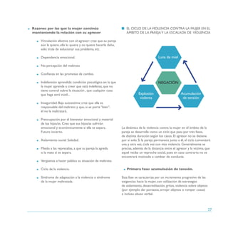Razones por las que la mujer continúa
manteniendo la relación con su agresor
	
	
	
	
	

Vinculación afectiva con el agresor: cree que su pareja
aún la quiere, ella lo quiere y no quiere hacerle daño,
sólo trata de solucionar sus problema, etc.

	

No percepción del maltrato

	

Confianza en las promesas de cambio.

	
	
	
	

Indefensión aprendida: condición psicológica en la que
la mujer aprende a creer que está indefensa, que no
tiene control sobre la situación , que cualquier cosa
que haga será inútil...

	
	
	

Inseguridad. Baja autoestima: cree que ella es
responsable del maltrato y que, si se porta “bien”,
él no la maltratará.

	
	
	
	

Preocupación por el bienestar emocional y material
de los hijos/as. Cree que sus hijos/as sufrirán
emocional y económicamente si ella se separa.
Futuro incierto.

	

Aislamiento social. Soledad.

	
	

Miedo a las represalias, a que su pareja la agreda
o la mate si se separa.

	

Vergüenza a hacer pública su situación de maltrato.

	

Ciclo de la violencia.

	
	

Síndrome de adaptación a la violencia o síndrome
de la mujer maltratada.

EL CICLO DE LA VIOLENCIA CONTRA LA MUJER EN EL
ÁMBITO DE LA PAREJA Y LA ESCALADA DE VIOLENCIA

Luna de miel

Dependencia emocional.

NEGACIÓN
Explosión
violenta

Acumulación
de tensión

La dinámica de la violencia contra la mujer en el ámbito de la
pareja se desarrolla como un ciclo que pasa por tres fases,
de distinta duración según los casos. El agresor no se detiene
por si solo. Si la pareja permanece junto a él, el ciclo comenzará
una y otra vez, cada vez con más violencia. Generalmente se
precisa, además de la distancia entre el agresor y la víctima, que
aquel reciba un reproche social, pues en caso contrario no se
encontrará motivado a cambiar de conducta.
Primera fase: acumulación de tensión.
Esta fase se caracteriza por un incremento progresivo de las
exigencias hacia la mujer, con utilización de estrategias
de aislamiento, desacreditación, gritos, violencia sobre objetos
(por ejemplo dar portazos, arrojar objetos o romper cosas)
e incluso abuso verbal.

27

 